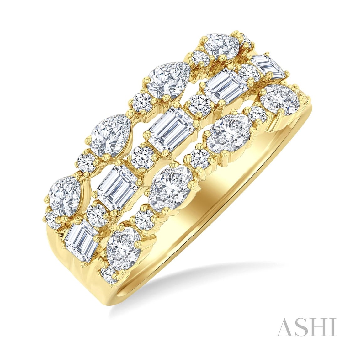 1.49 ctw Diamond Multi-Cut Triple Row 14K Yellow Gold Ring: A symphony of light and color, this breathtaking Triple Row ring featuring Natural Diamonds embodies the pinnacle of luxury. Expertly mounted in a Multi-Row Band setting, the ring is crafted in 5.1 gr