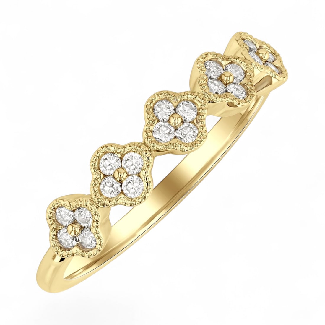 0.25 Ctw Clover Motif Fashion White Diamond Modern 14K Yellow Gold Ring - Certified: Defining modern elegance, this magnificent Clover Motif Fashion ring featuring Natural Diamonds captures the essence of style. The gemstones are nestled within a Pave framework, supported by a substan