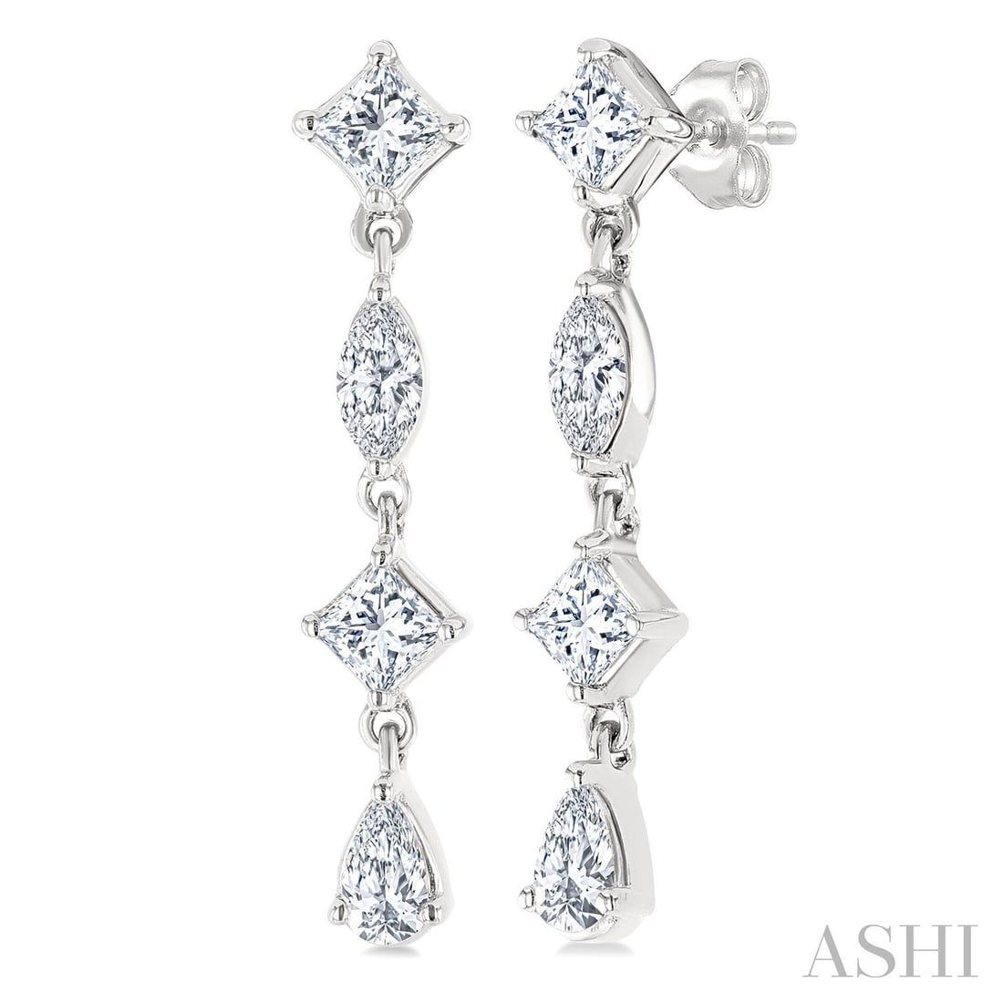 0.48 ctw Mixed Cut Diamond Drop 14K White Gold Earrings: Defining modern elegance, this exquisite Mixed Fancy Shapes pair of earrings featuring White Diamond captures the essence of style. The gemstones are nestled within a Drop framework, supported by a su