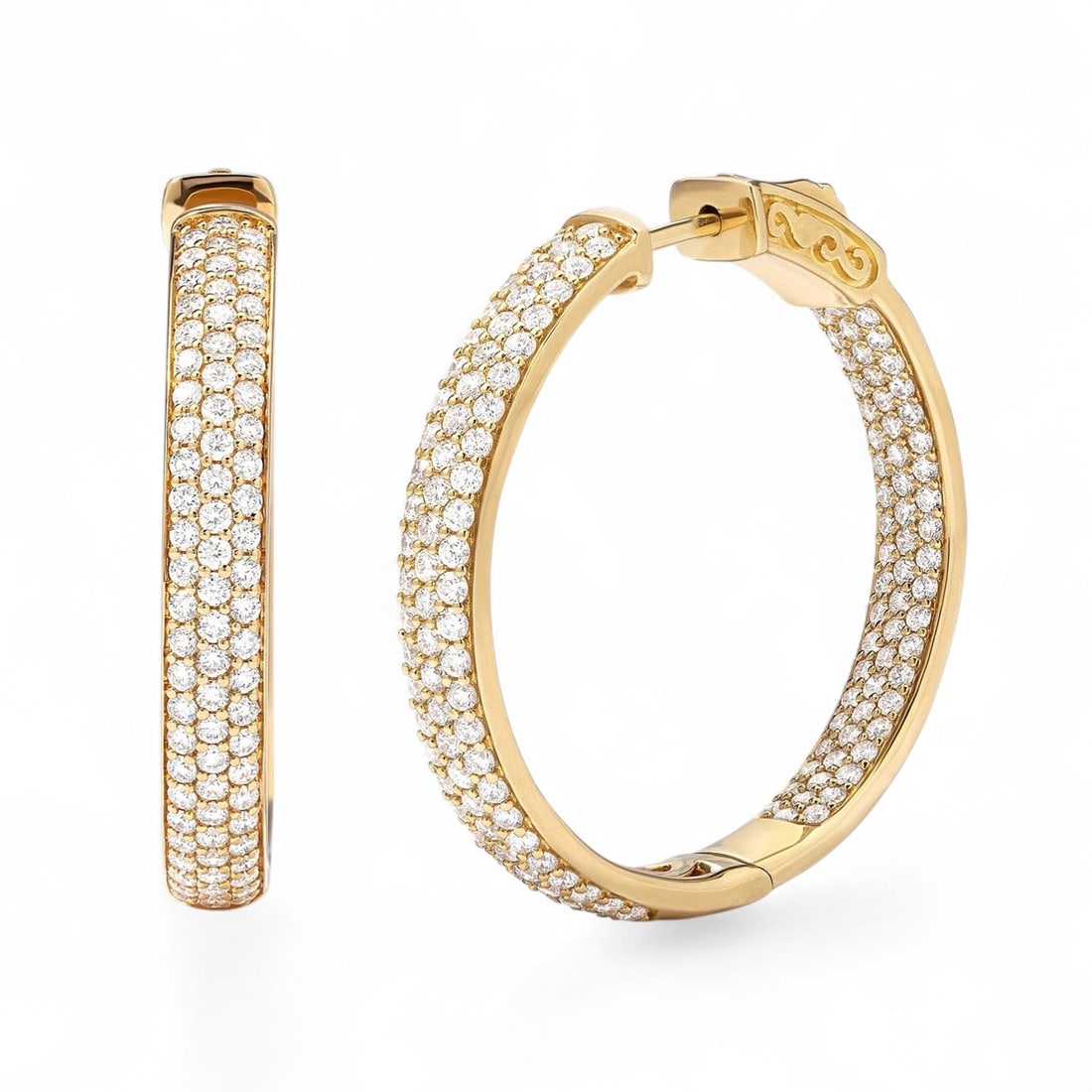 2.43 Ctw Duchess 3-Row Hoop White Diamond Modern 18K Yellow Gold Earrings - Certified: Rare and radiant, this stunning Duchess 3-Row Hoop pair of earrings featuring Natural Diamonds offers a touch of the extraordinary. Crafted with precision, the Micro-Pave setting is seamlessly integra