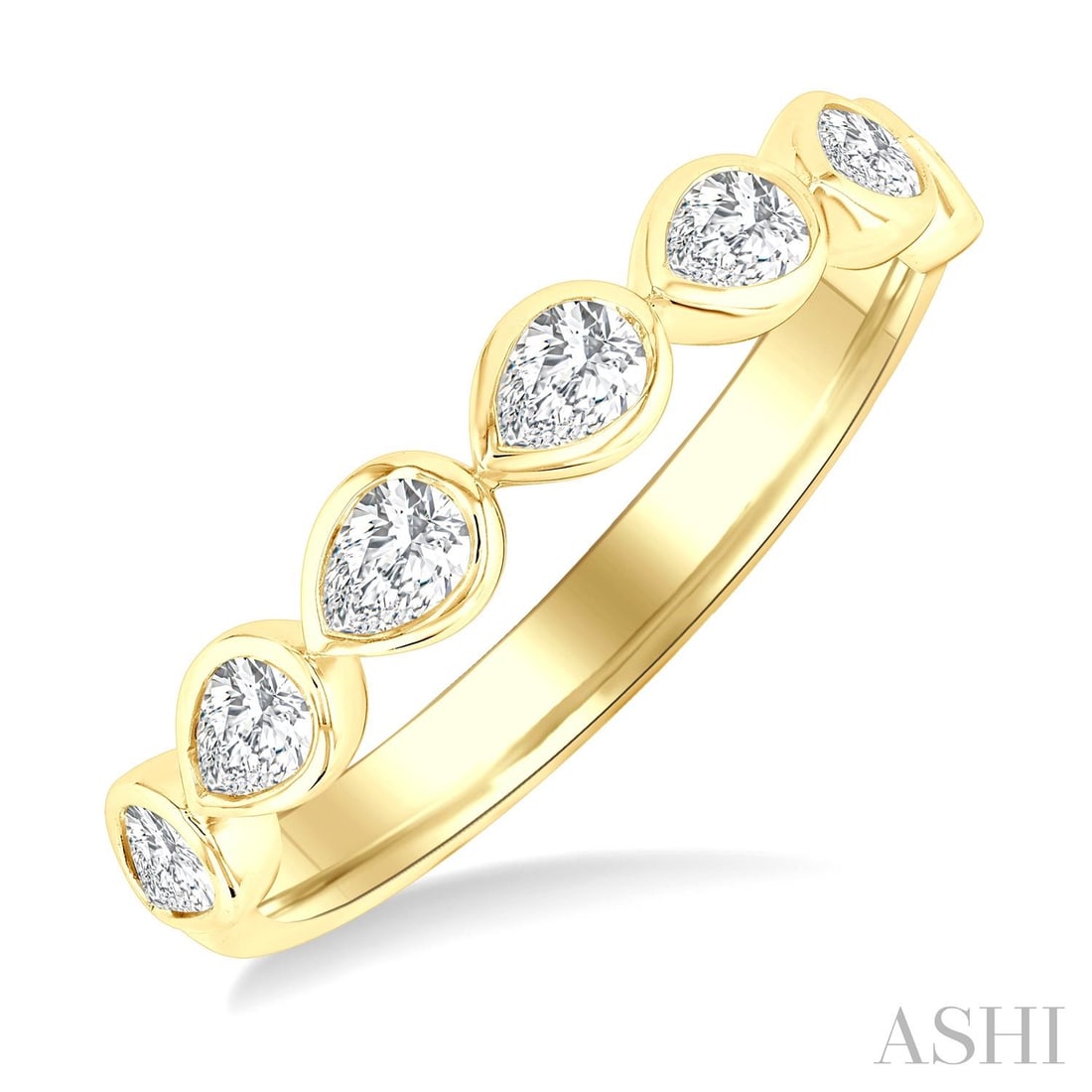 0.70 ctw Diamond East-West Set 14K Yellow Gold Band Ring: An exquisite masterpiece of haute joaillerie, this elegant East-West Set Pear Cut Bezel band ring featuring White Diamond is a true treasure. A detailed Bezel gallery secures the stones, rendered in 2