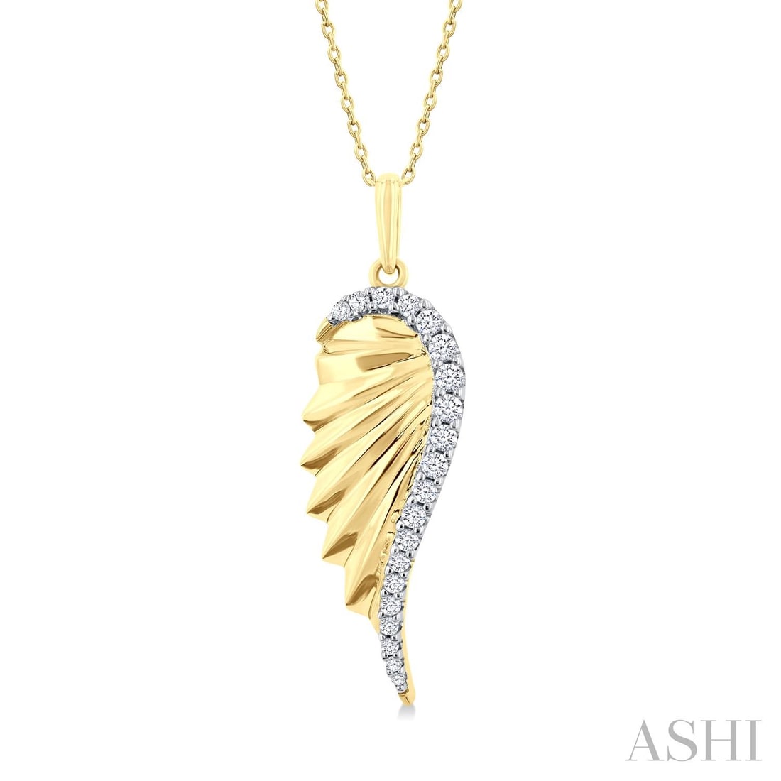 0.20 ctw Diamond Fluted Angel Wing 10K Yellow Gold Pendant: Exuding opulence and grace, this elegant Fluted Angel Wing pendant featuring Natural Diamonds is crafted for the distinguished. Showcasing the gems in a Fashion Pendant arrangement, the pendant consis