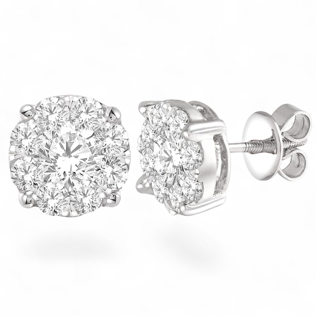 4.0 Ctw Cluster Round Cut Stud White Diamond Modern 14K White Gold Earrings - Certified: A symphony of light and color, this stunning Cluster Stud pair of earrings featuring Natural Diamonds embodies the pinnacle of luxury. Securely held in a classic Cluster design, the earrings are forge