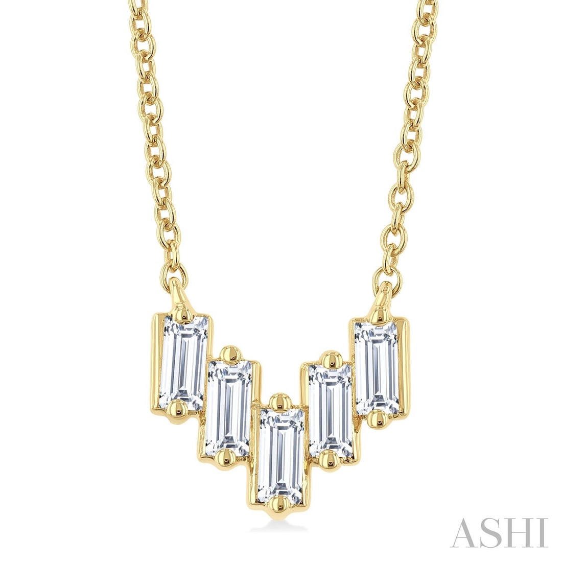 0.25 ctw Baguette Diamond Chevron 14K Yellow Gold Necklace: Timeless and sophisticated, this elegant Chevron necklace featuring White Diamond radiates enduring beauty. Expertly mounted in a Cluster setting, the necklace is crafted in 0.45 g of solid 14K Yellow