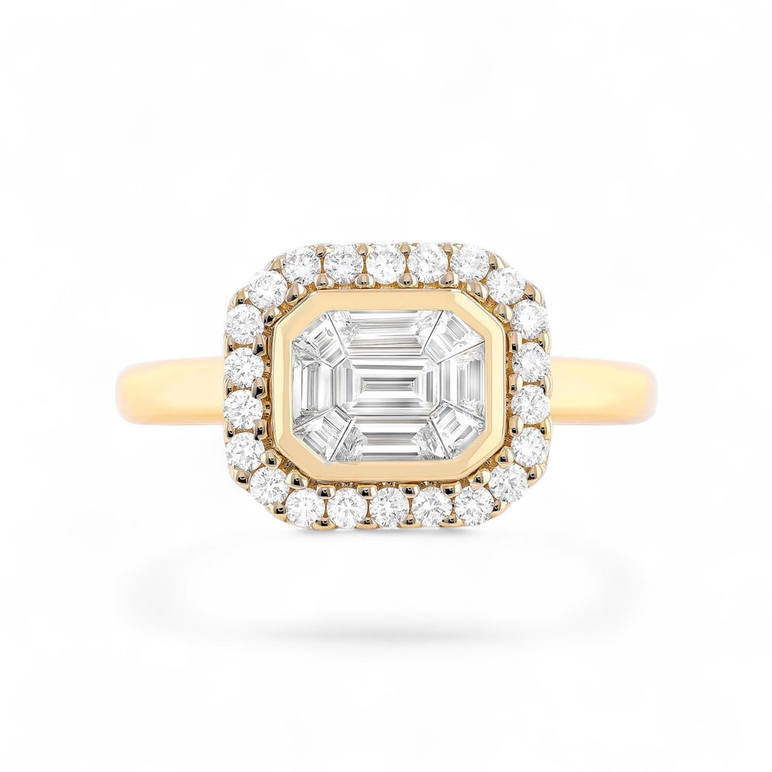 0.83 Ctw Empress Halo White Diamond Modern 18K Yellow Gold Ring - Certified: A vision of luxury, this magnificent Empress Halo ring featuring Natural Diamonds defines sophistication. Expertly mounted in a Halo setting, the ring is crafted in 5.7 grams of solid 18K Yellow Gold.