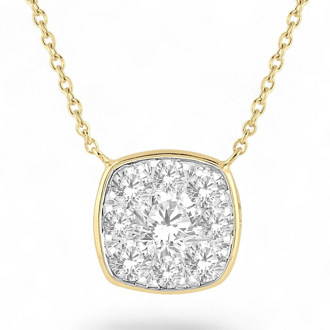 0.49 Ctw Cushion Shape Cluster White Diamond Modern 14K Yellow & White Gold Necklace - Certified: Rare and radiant, this stunning Cushion Shape Cluster necklace featuring Natural Diamonds offers a touch of the extraordinary. Showcasing the gems in a Bezel arrangement, the necklace consists of 0.9 