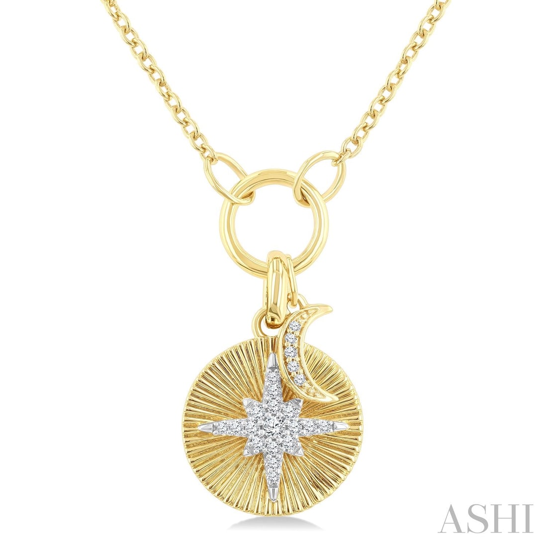0.12 ctw Diamond Crescent Moon & Star Charm 10K Yellow & White Gold Pendant: An exquisite masterpiece of haute joaillerie, this elegant Fluted Medallion pendant featuring White Diamond is a true treasure. A detailed Cluster gallery secures the stones, rendered in 2.85 grams of