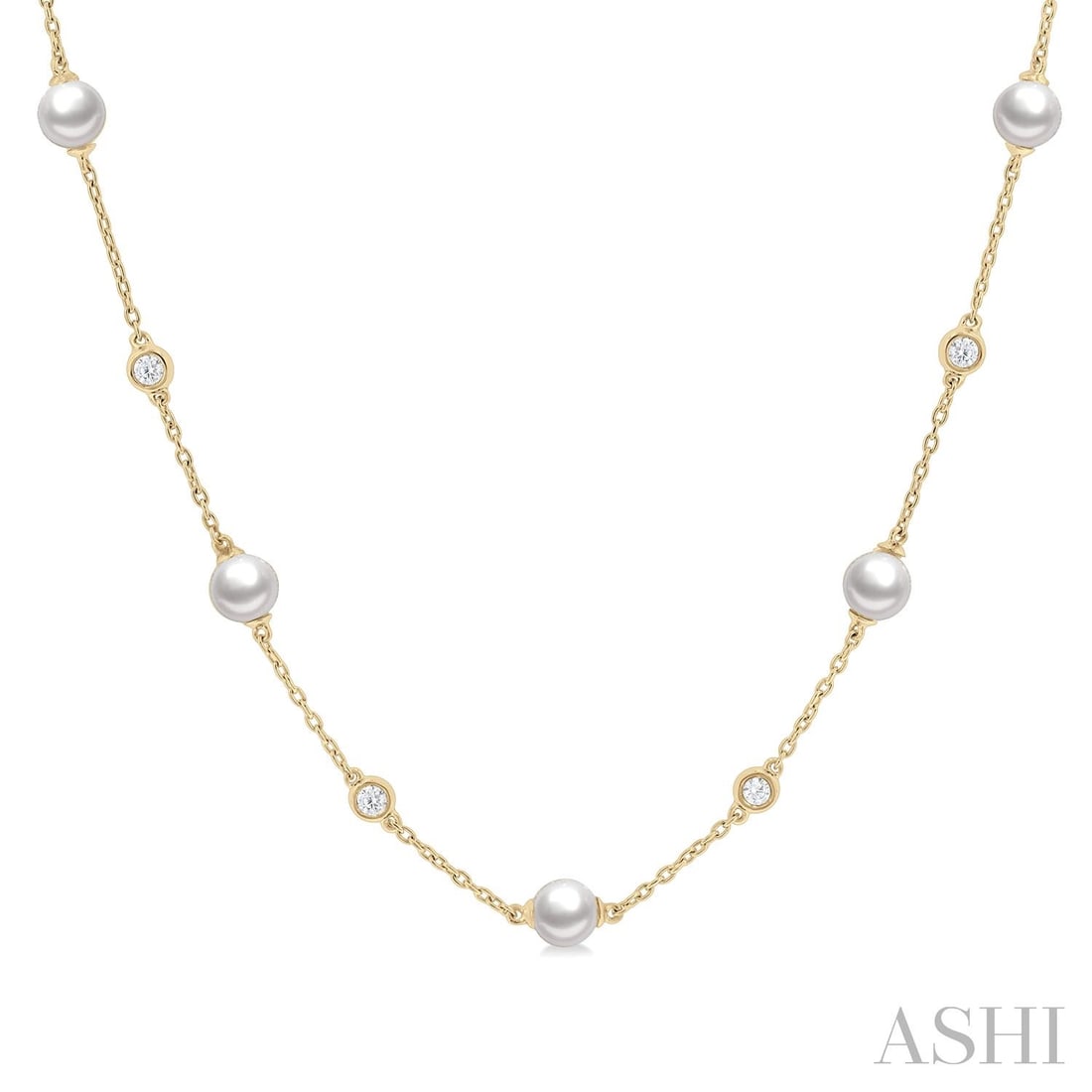 5mm Cultured Pearl and 0.26 ctw Diamond 14K Yellow Gold Necklace: Exuding opulence and grace, this elegant Station necklace featuring Cultured Pearl, White Diamond is crafted for the distinguished. Crafted with precision, the Station setting is seamlessly integrated