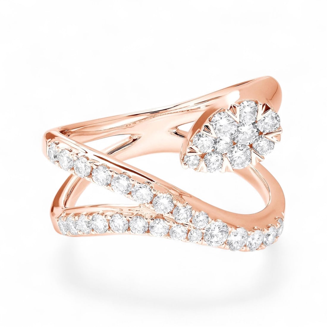 0.91 Ctw Fiori Cluster White Diamond Modern 18K Rose & White Gold Ring - Certified: Defining modern elegance, this magnificent Fiori Cluster ring featuring Natural Diamonds captures the essence of style. Securely held in a classic Cluster design, the ring is forged from 6.8 grams of 