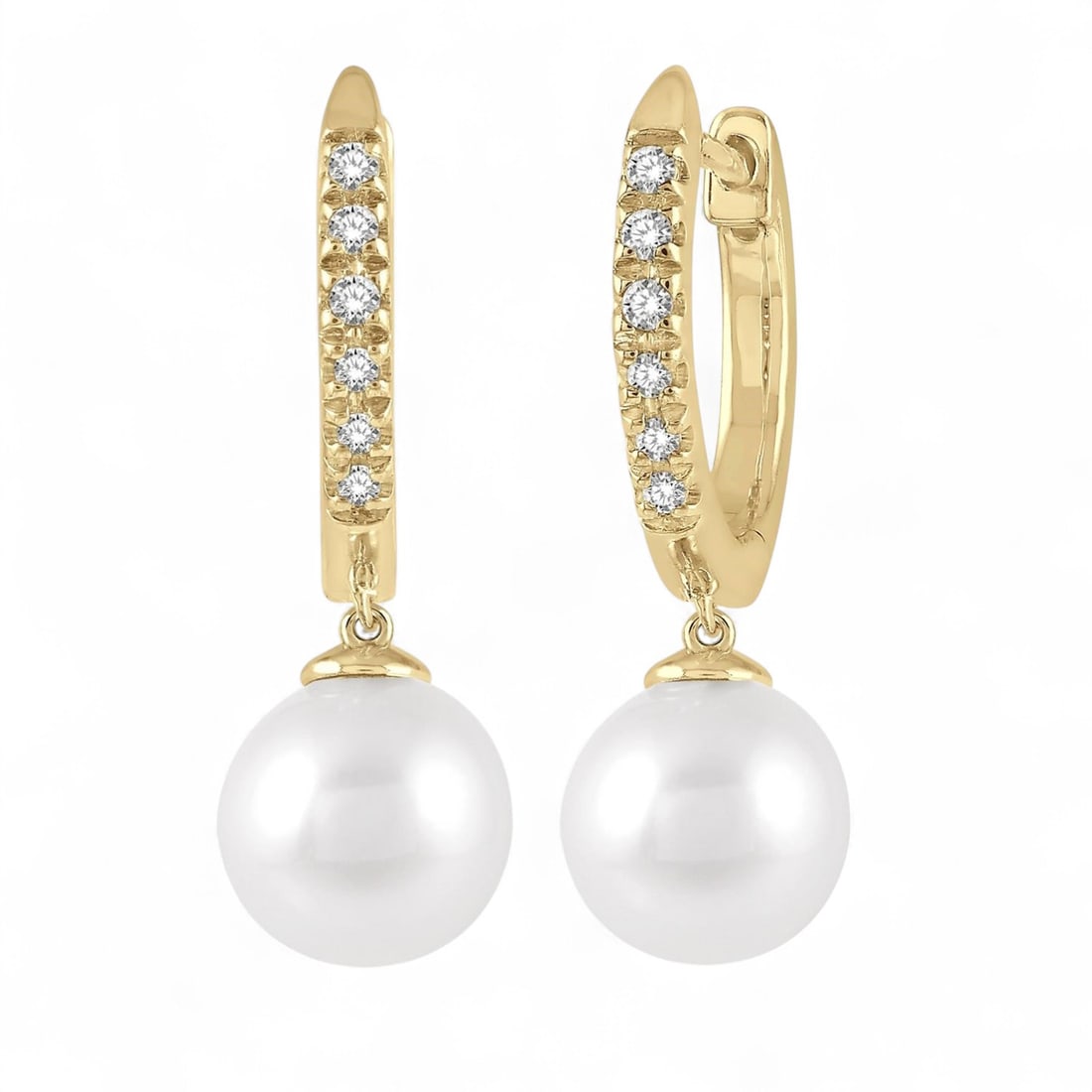 6x6 MM Cultured Pearls and 0.12 Ctw Drop Huggie White Diamond Modern 10K Yellow Gold Earrings -: Exuding opulence and grace, this stunning Drop Huggie pair of earrings featuring Natural Diamonds and Pearls is crafted for the distinguished. A detailed Huggie gallery secures the stones, rendered in
