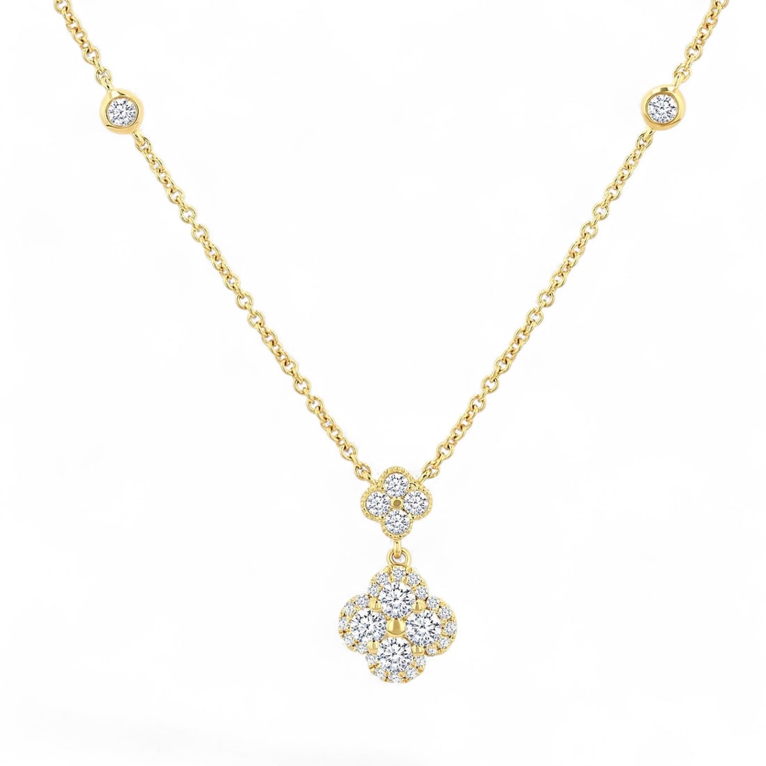 0.51 Ctw Clover Station Diamond Modern 14K Yellow Gold Necklace - Certified: Timeless and sophisticated, this magnificent Clover Station necklace featuring Natural Diamonds radiates enduring beauty. Securely held in a classic Halo design, the necklace is forged from 1.6 grams 