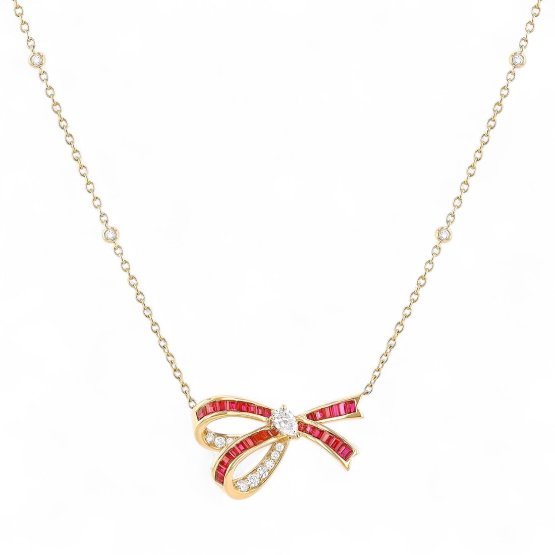 0.47 Ctw Bow White Diamond and Rubies 18K Yellow Gold Necklace - Certified: A vision of luxury, this stunning Bow necklace featuring Natural Diamonds and Rubies defines sophistication. The gemstones are nestled within a Pendant framework, supported by a substantial 4.0 gram 1