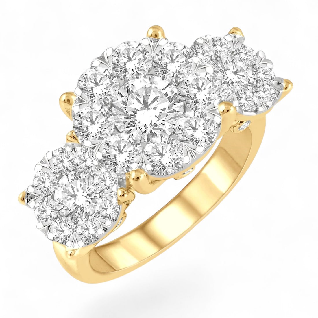 3.04 Ctw Cluster Three Stone Round Cut White Diamond Modern 14K Yellow Gold White Gold Ring -: Timeless and sophisticated, this magnificent Cluster Three Stone Round Cut ring featuring Natural Diamonds radiates enduring beauty. Expertly mounted in a Three-Stone setting, the ring is crafted in 7