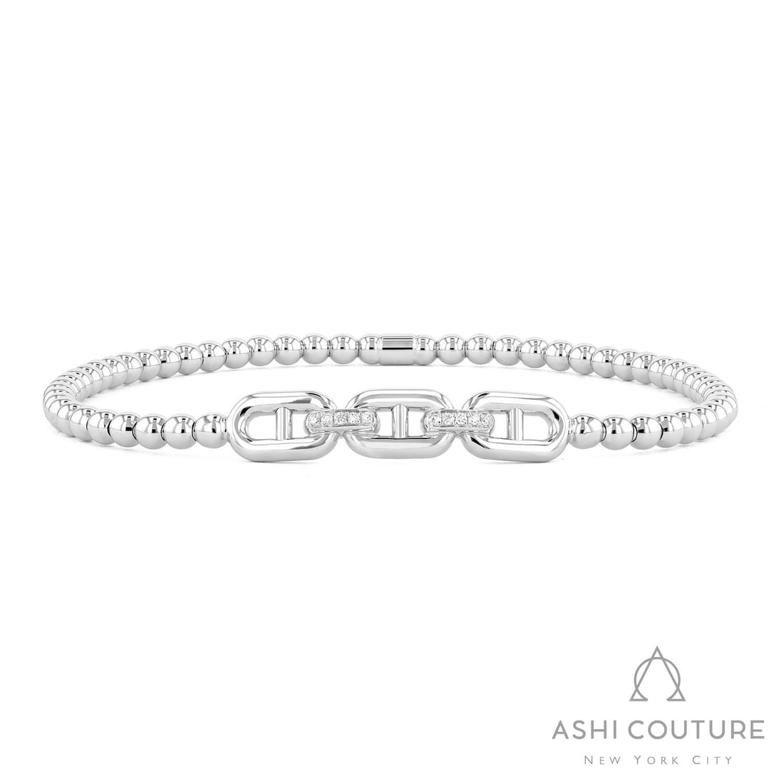 6.5in Sereno Stretch Bead 0.04 ctw Diamond 18K White Gold Bracelet: A testament to superior craftsmanship, this magnificent Bead bracelet featuring Natural Diamonds is unparalleled. A detailed Pave gallery secures the stones, rendered in 7.8 grams of lustrous 18K Whit