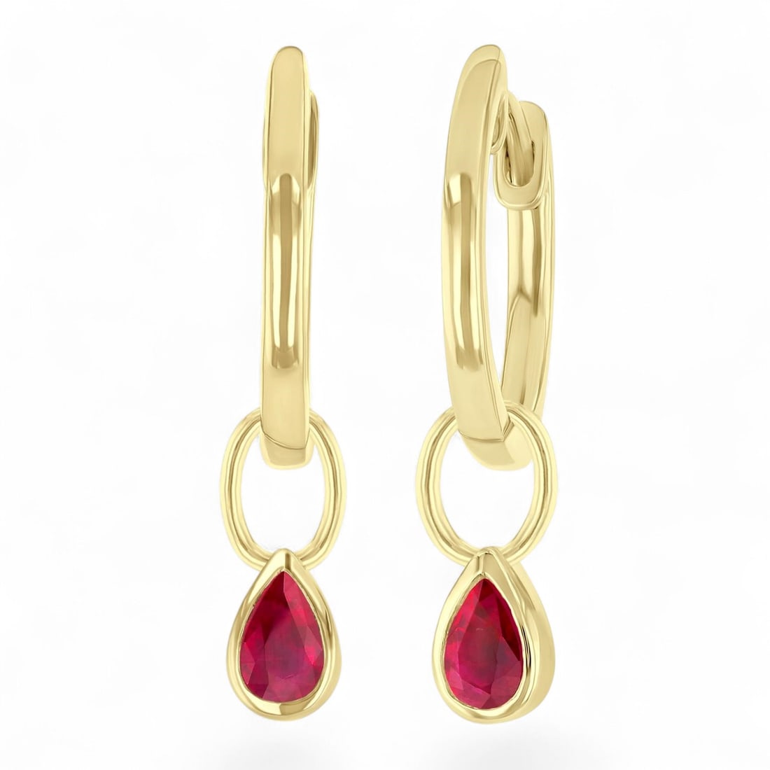 5x3 MM Pear Cut Ruby 14K Yellow Gold Huggie Earrings - Certified: A testament to superior craftsmanship, this stunning Huggie pair of earrings featuring Rubies is unparalleled. Showcasing the gems in a Bezel arrangement, the earrings consists of 0.55 grams of 14K Ye