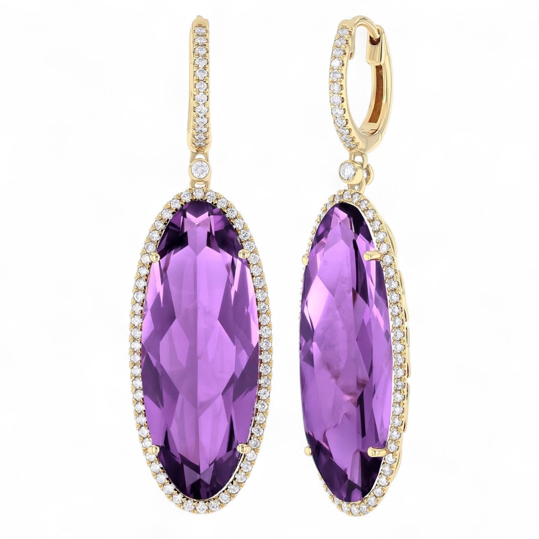 20x8 Amethyst and 0.53 Ctw Halo Diamond Modern 14K Yellow Gold Earrings - Certified: A testament to superior craftsmanship, this stunning Halo Hoop pair of earrings featuring Natural Diamonds, and Amethysts is unparalleled. Crafted with precision, the Halo setting is seamlessly integr