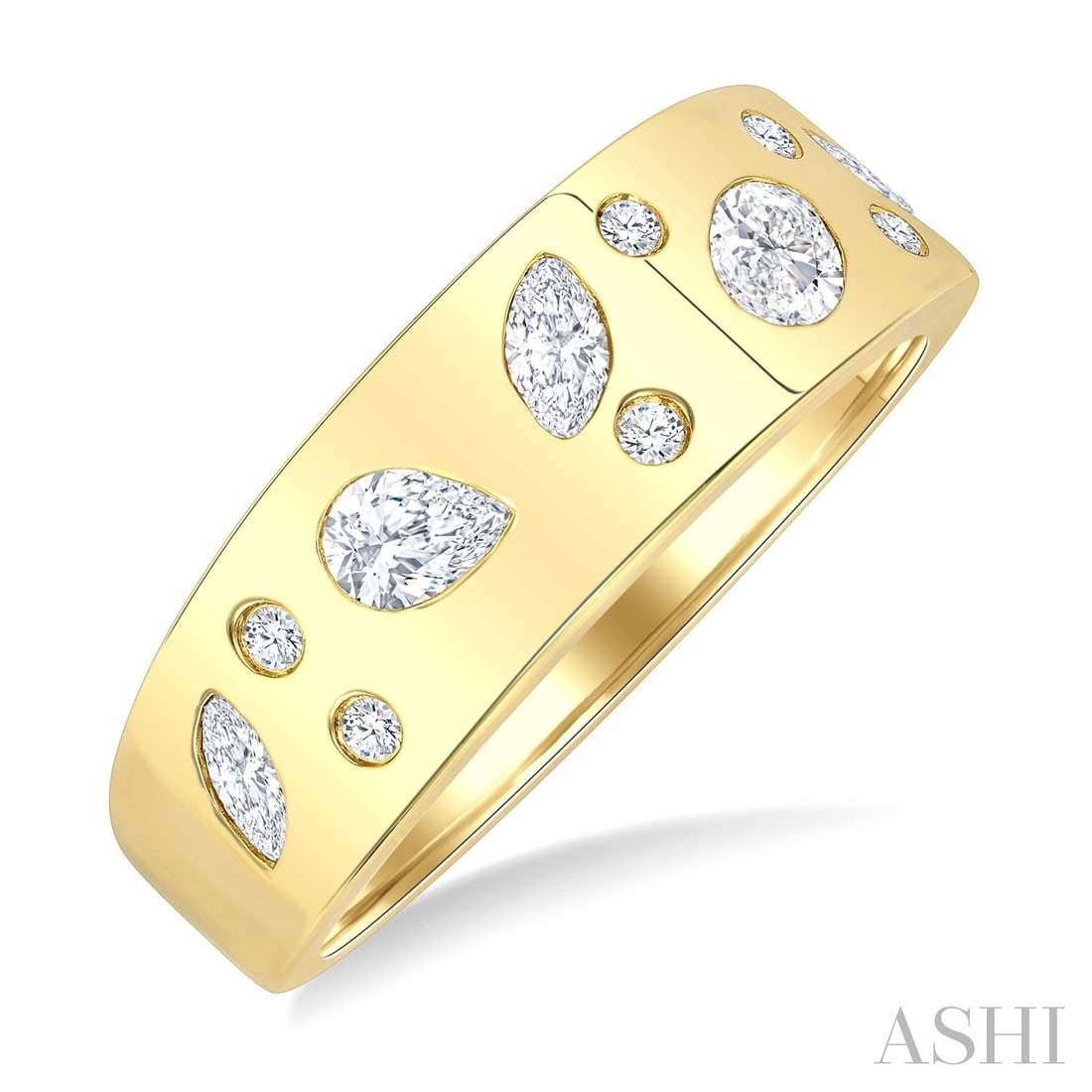 0.56 ctw Diamond Scatter Mixed Cut 14K Yellow Gold Band Ring: Rare and radiant, this stunning Scatter Mixed Cut band ring featuring Colorless Diamonds offers a touch of the extraordinary. Showcasing the gems in a Bezel arrangement, the band ring consists of 3.65