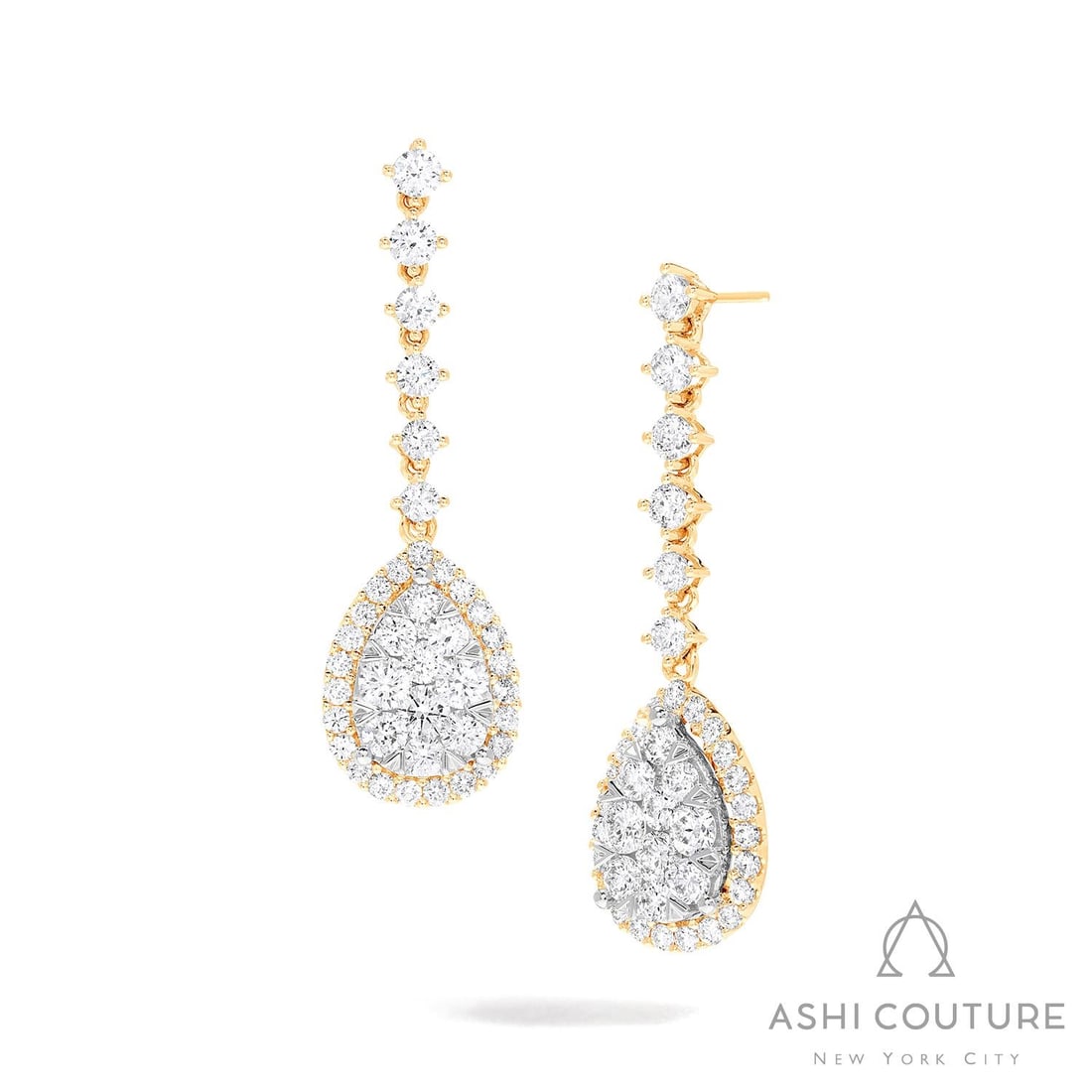 3.91 ctw Fiori Pear Drop Cluster Diamond 18K Yellow & White Gold Earrings: Epitomizing grandeur, this breathtaking Pear Drop Cluster pair of earrings featuring White Diamond stands as a beacon of refined taste. A detailed Drop/Dangle, Cluster Head gallery secures the stones,