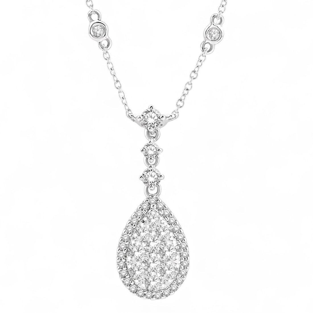0.96 Ctw Pear Shape Cluster Diamond Modern 14K White Gold Necklace - Certified: A symphony of light and color, this stunning Pear Shape Cluster necklace featuring Natural Diamonds embodies the pinnacle of luxury. Securely held in a classic Halo design, the necklace is forged from