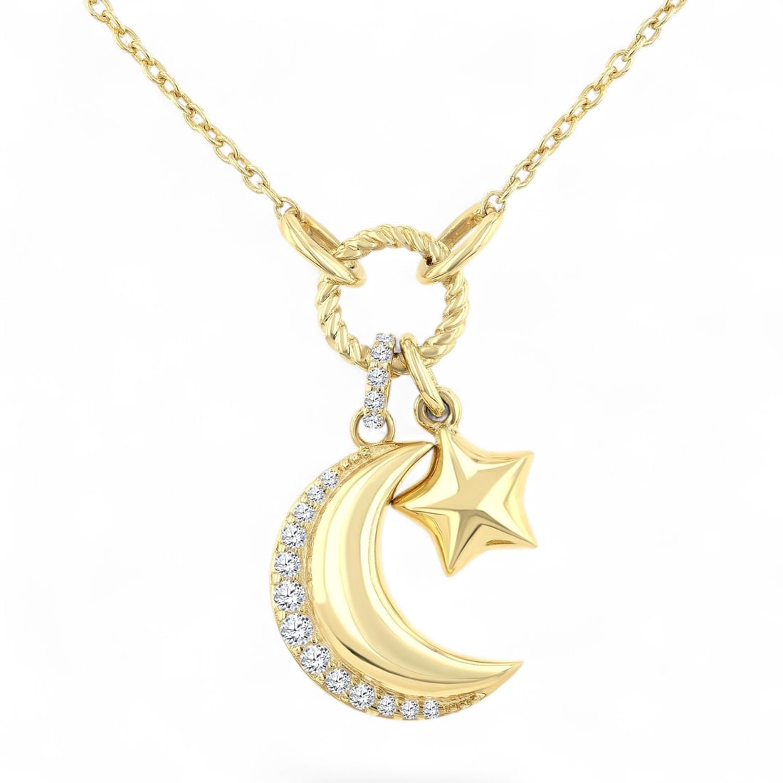 0.14 Ctw Crescent Moon & Star Charm Diamond Modern 10K Yellow Gold Necklace - Certified: Epitomizing grandeur, this stunning Crescent Moon & Star Charm necklace featuring Natural Diamonds stands as a beacon of refined taste. A detailed Prong gallery secures the stones, rendered in 2.15 gr