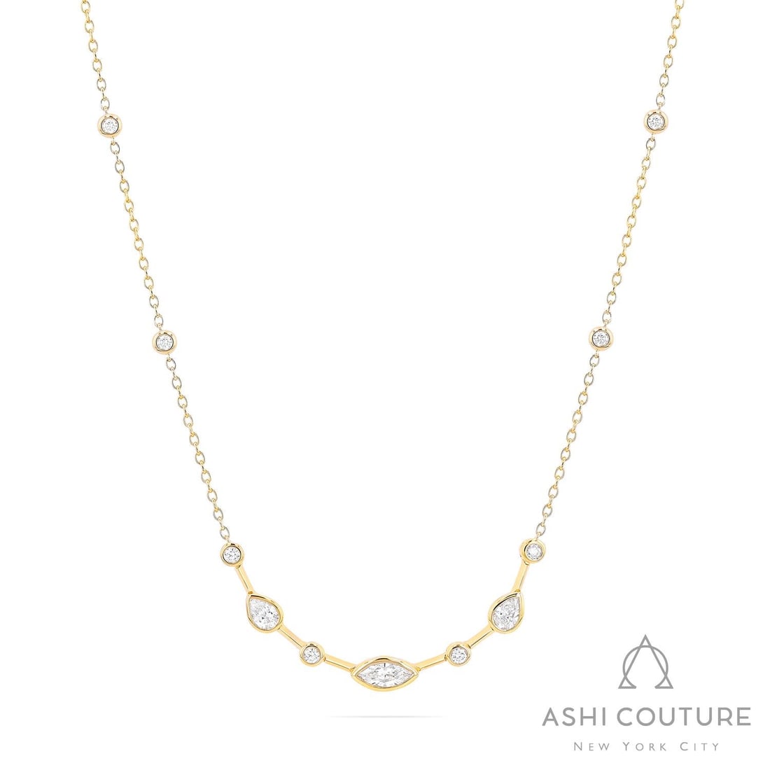 1.15 ctw Marquise Pear Diamond Bezel 18K Yellow Gold Necklace: Epitomizing grandeur, this breathtaking Duchess necklace featuring Natural Diamonds stands as a beacon of refined taste. Crafted with precision, the Festoon setting is seamlessly integrated into 3.4 g