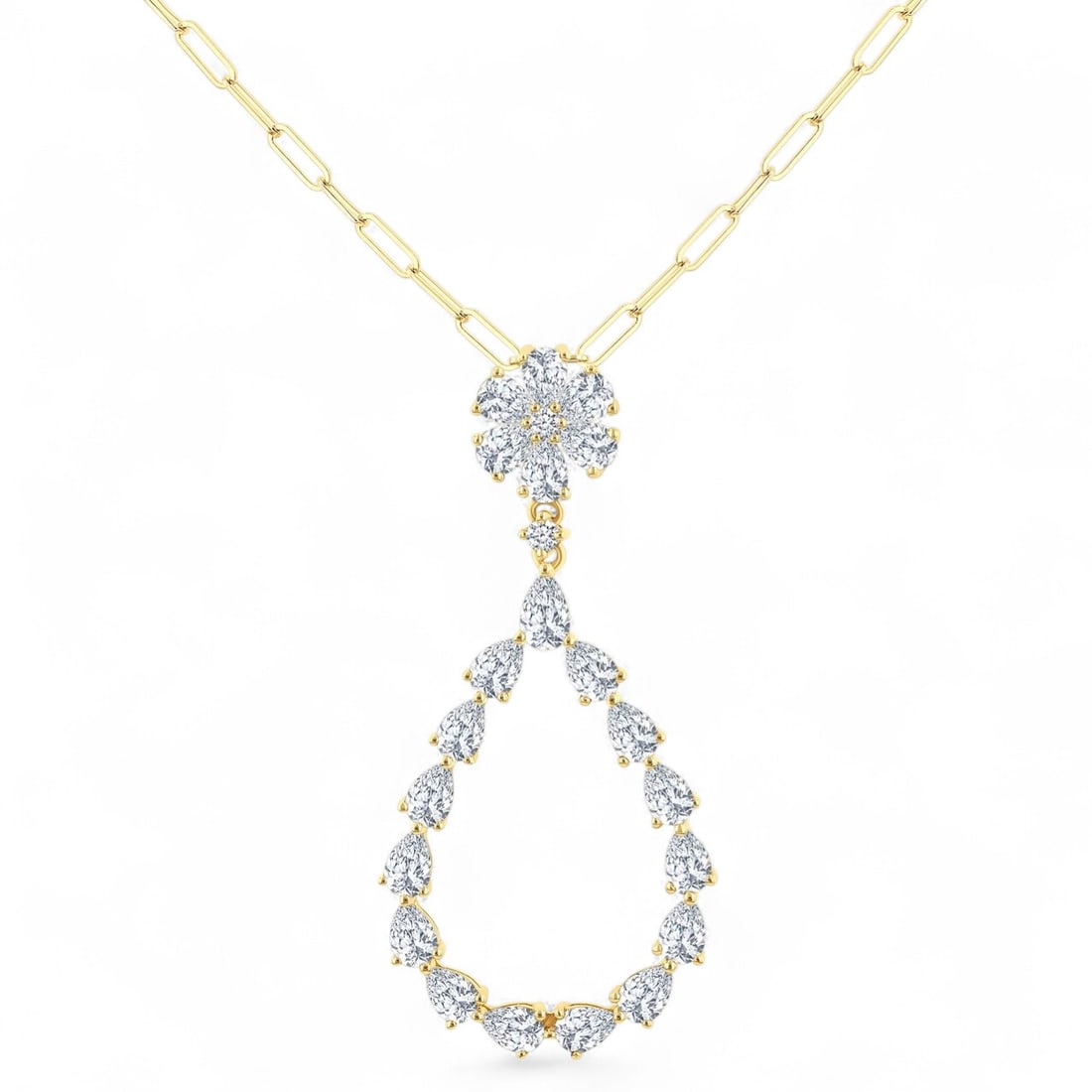 1.87 Ctw Floral Open Window Dangle White Diamond Modern 14K Yellow Gold Necklace - Certified: Exuding opulence and grace, this magnificent Floral Open Window Dangle necklace featuring Natural Diamonds is crafted for the distinguished. A detailed Dangle gallery secures the stones, rendered in 1