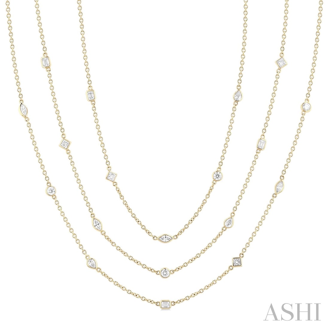 4.98 ctw Mixed Cut Diamond Station 14K Yellow Gold Necklace: A testament to superior craftsmanship, this breathtaking Station necklace featuring White Diamond is unparalleled. A detailed Bezel gallery secures the stones, rendered in 13.55 grams of lustrous 14K 