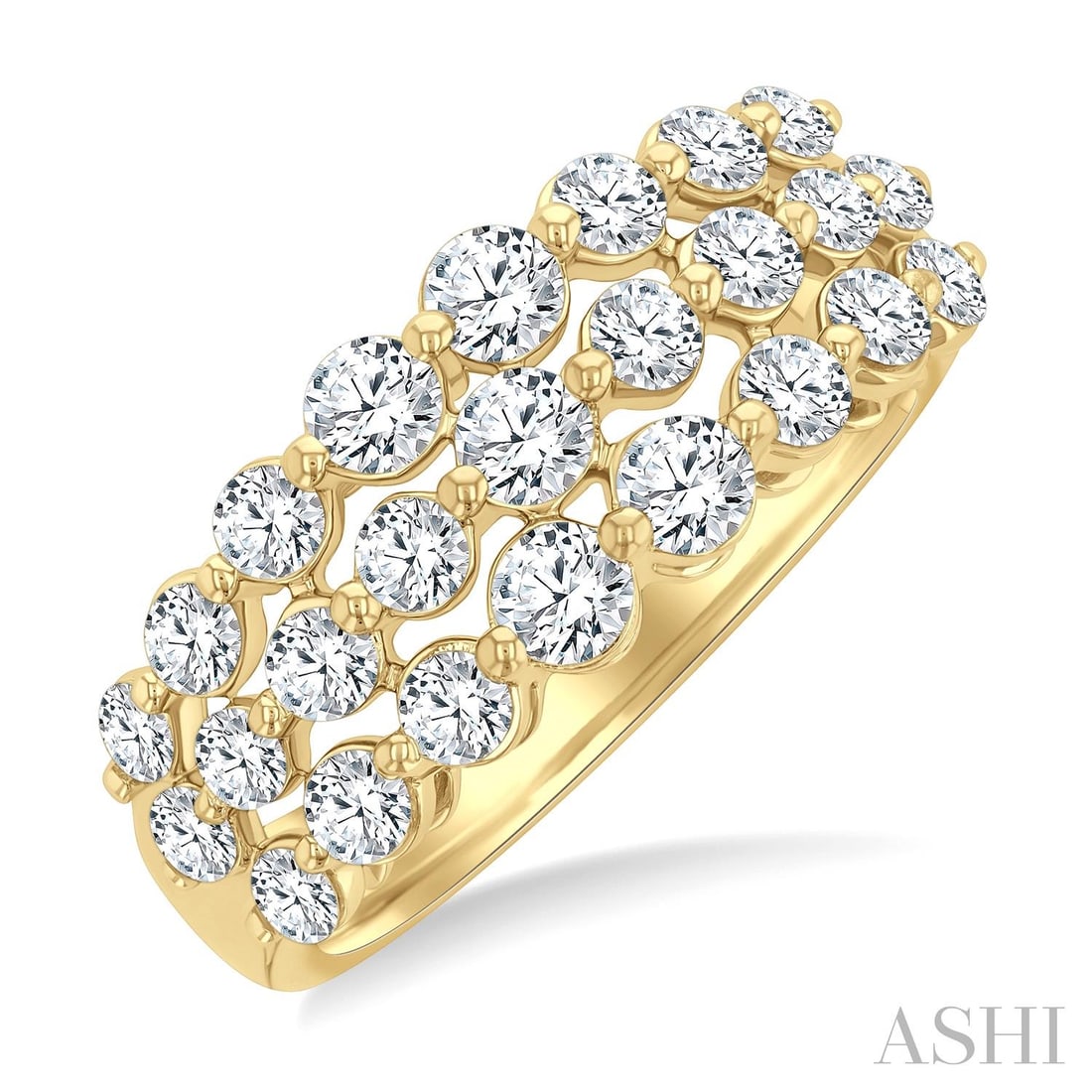 1.50 ctw Diamond Lattice Triple Row Fashion Band 14K Yellow Gold Ring: A testament to superior craftsmanship, this magnificent Lattice Triple Row ring featuring Natural Diamonds is unparalleled. Showcasing the gems in a Triple-Row Band arrangement, the ring consists of 6