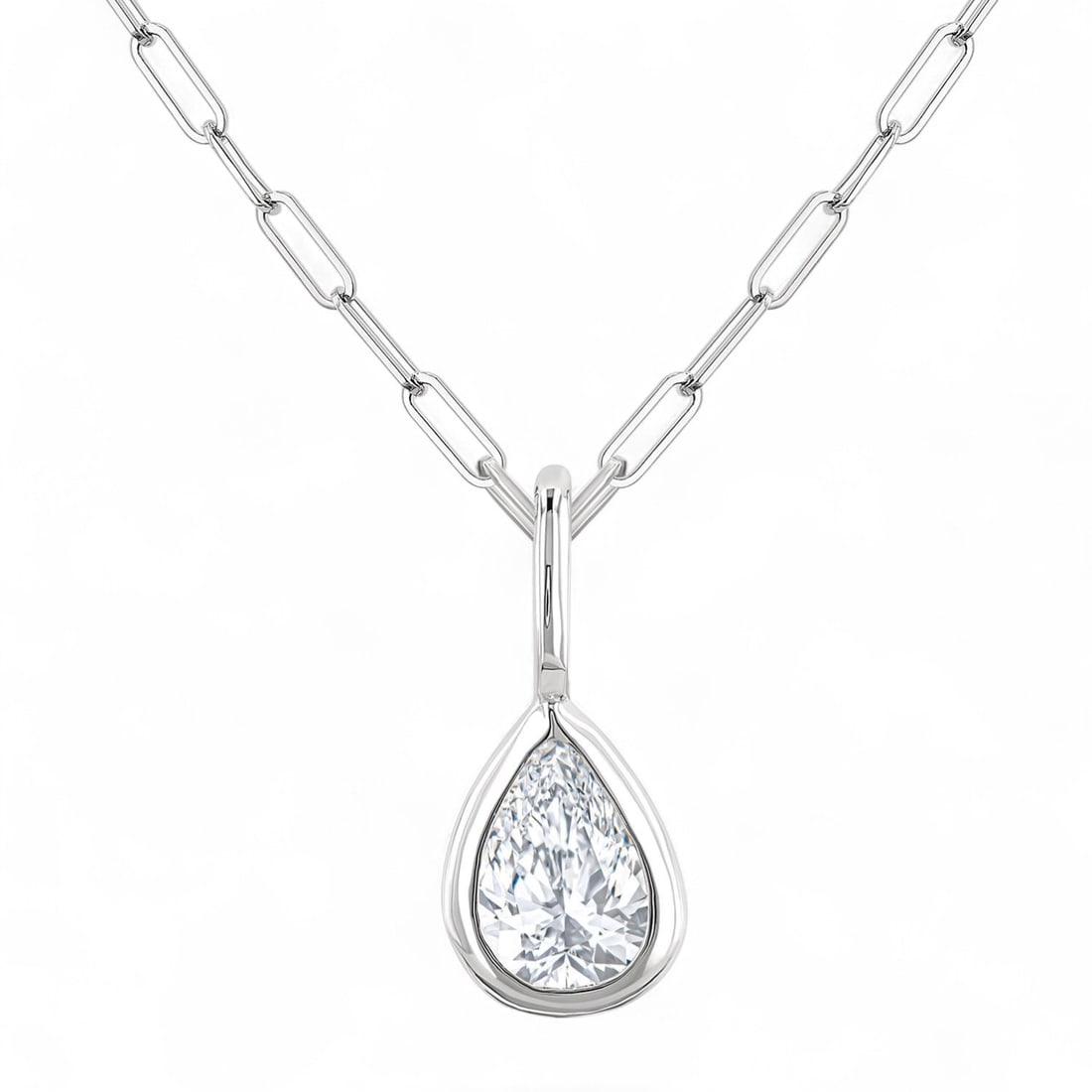 0.21 Ctw Pear Cut Bezel Set White Diamond Modern 14K White Gold Pendant - Certified: An exquisite masterpiece of haute joaillerie, this magnificent Pear Cut Bezel Set pendant featuring Natural Diamonds is a true treasure. A detailed Bezel gallery secures the stones, rendered in 0.24 g