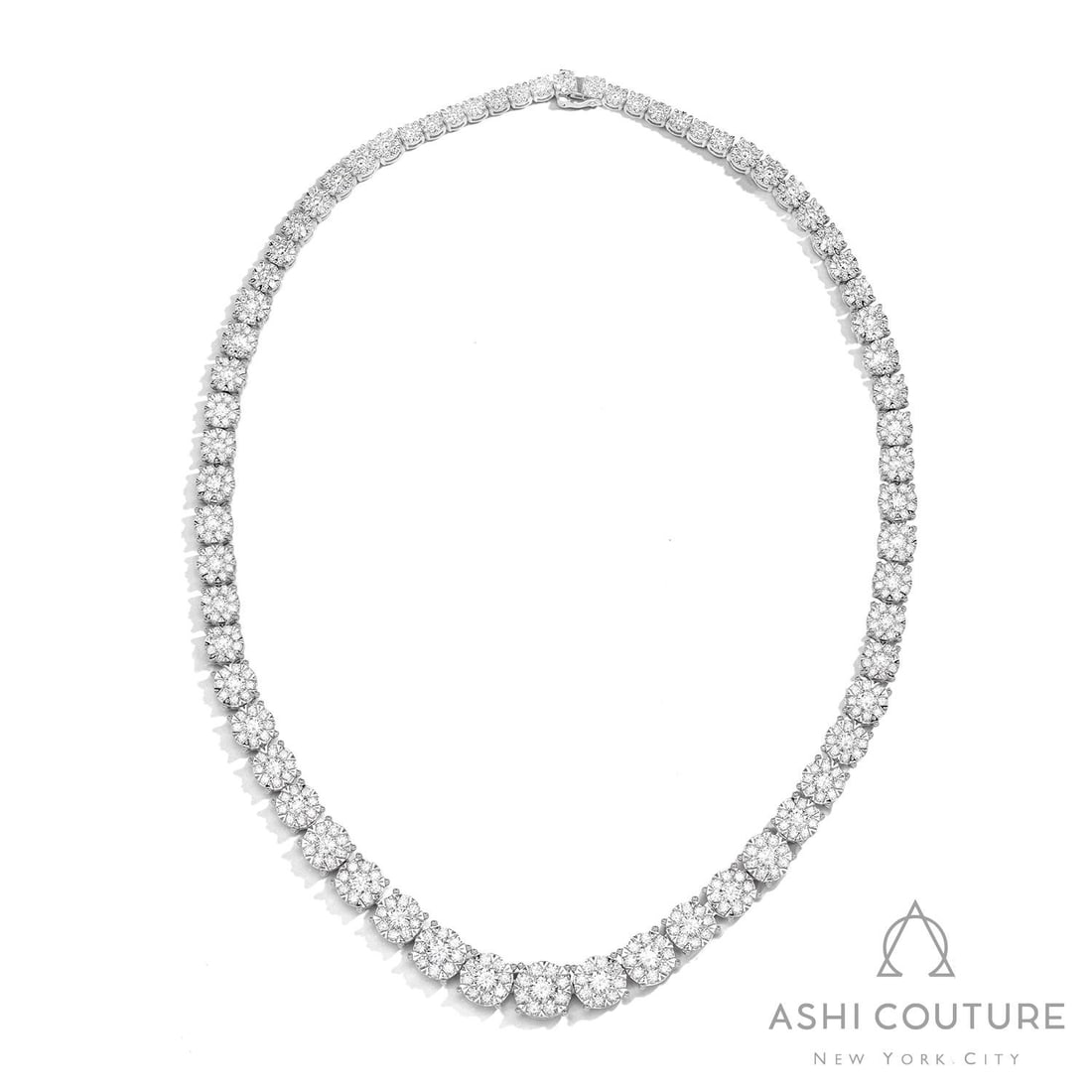 20.09 ctw Fiori Eternity White Diamond 18K White Gold Necklace: Defining modern elegance, this breathtaking Fiori Eternity necklace featuring White Diamond captures the essence of style. The gemstones are nestled within a Cluster framework, supported by a substant
