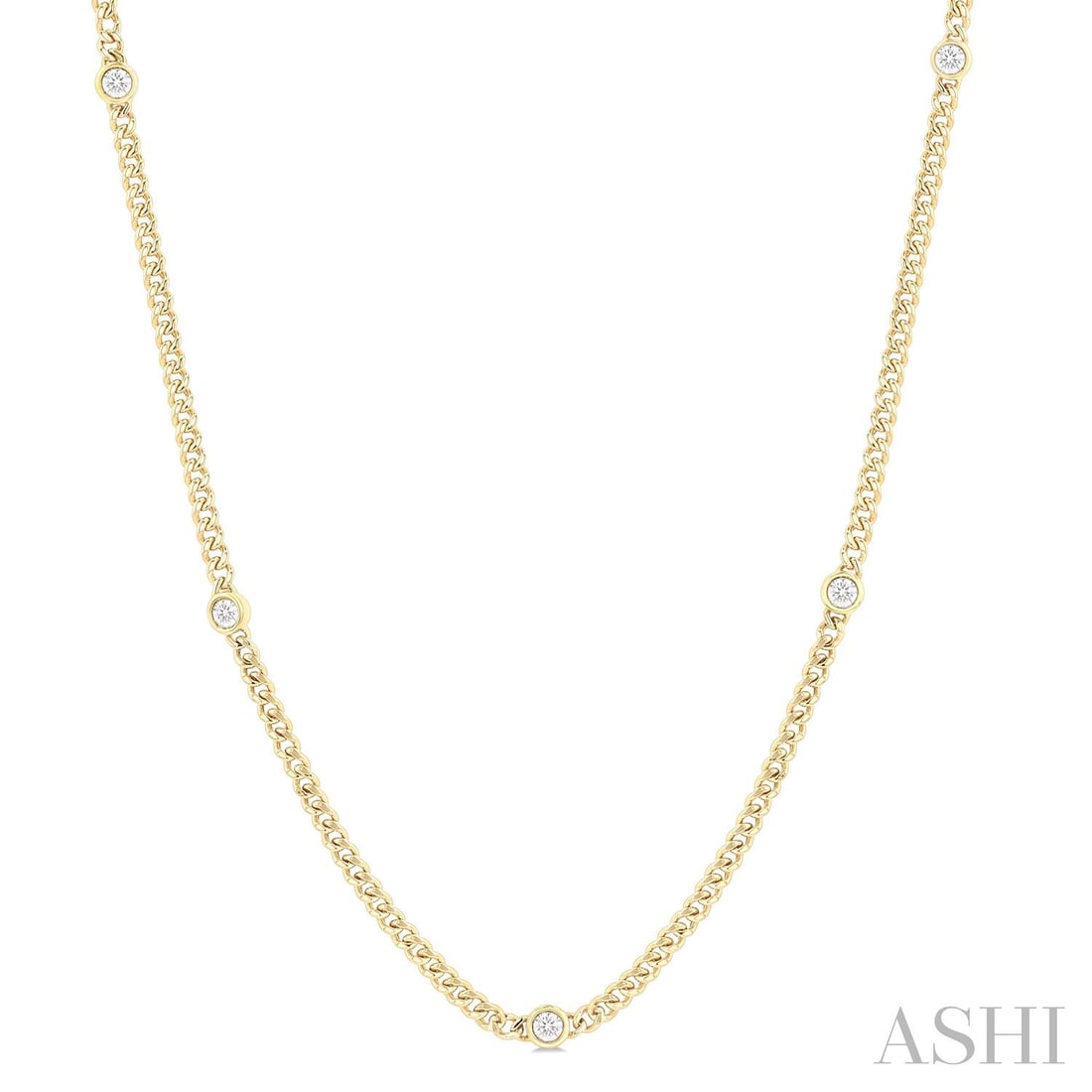 0.49 ctw Bezel-Set Diamond Curb Link Station 14K Yellow Gold Necklace: A testament to superior craftsmanship, this stunning Curb & Cuban Link necklace featuring White Diamond is unparalleled. Crafted with precision, the Station setting is seamlessly integrated into 1.45 