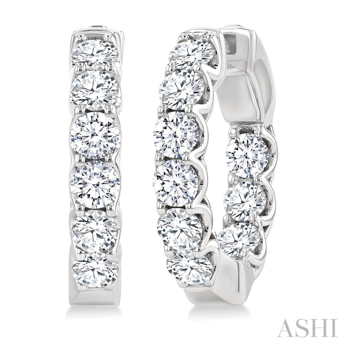 3.02 ctw Round Diamond 14K White Gold Hoop Earrings: Epitomizing grandeur, this exquisite Inside-Out Hoop pair of earrings featuring White Diamond stands as a beacon of refined taste. A detailed Inside-Out Hoop setting secures the stones, rendered in 10