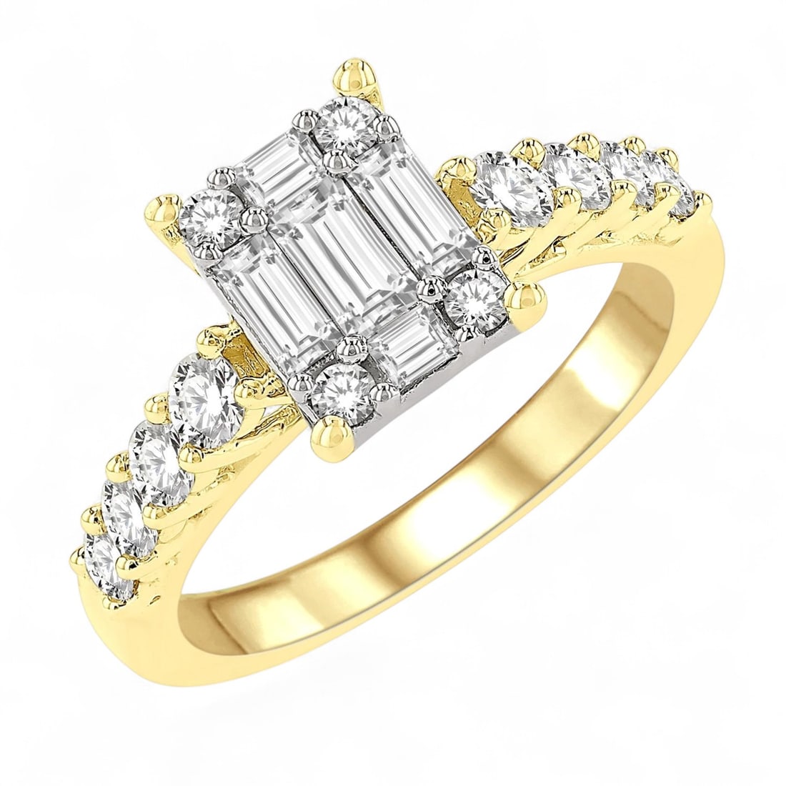 1.0 Ctw Fusion Baguette Round Cut Engagement Modern 14K Yellow And White Gold Ring - Certified: Defining modern elegance, this magnificent Fusion Diamond Engagement ring featuring Natural Diamonds captures the essence of style. The gemstones are nestled within a Cluster framework, supported by a