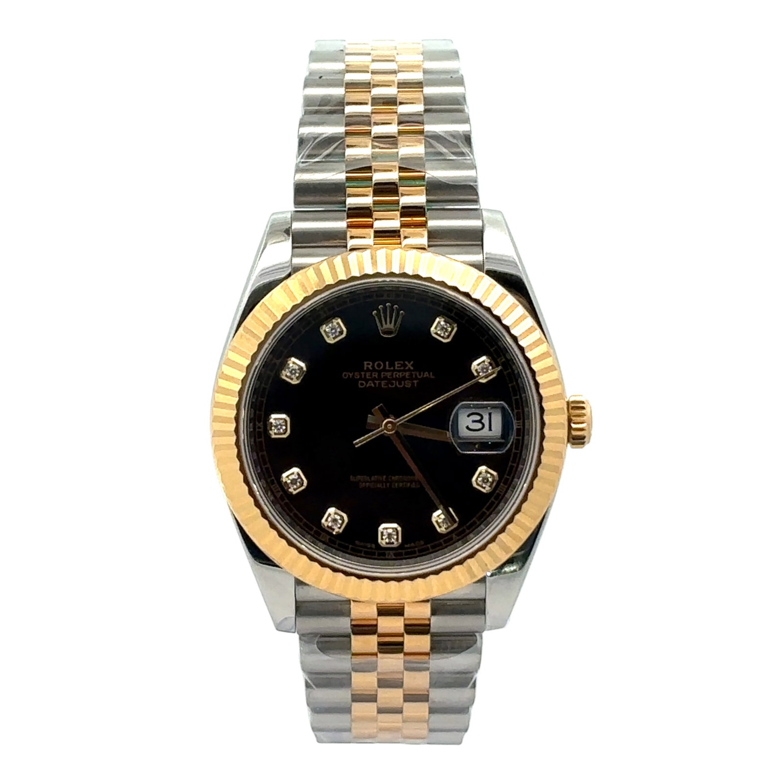 Rolex Datejust 41 126333 Two-Tone Yellow Gold Black Diamond Dial: The Rolex Datejust 41, Reference 126333, is an iconic expression of classic horology and contemporary presence. Presented in a striking two-tone combination of yellow gold and stainless steel, this ti