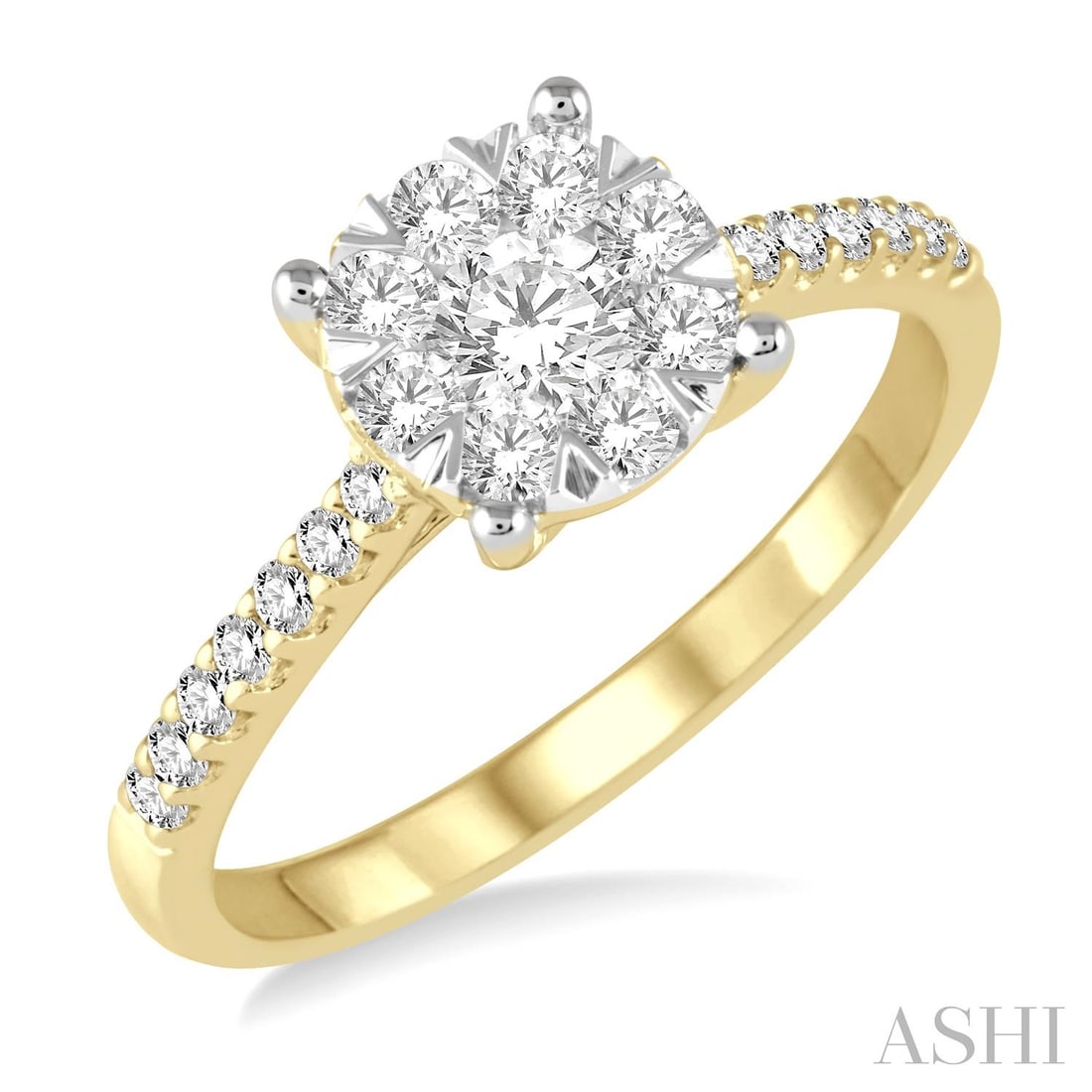 0.76 ctw White Diamond Cluster Ring 14K Yellow & White Gold: A vision of luxury, this stunning Cluster ring featuring White Diamond defines sophistication. The gemstones are nestled within a Cluster framework, supported by a substantial 2.85 grams 14K Yellow & 