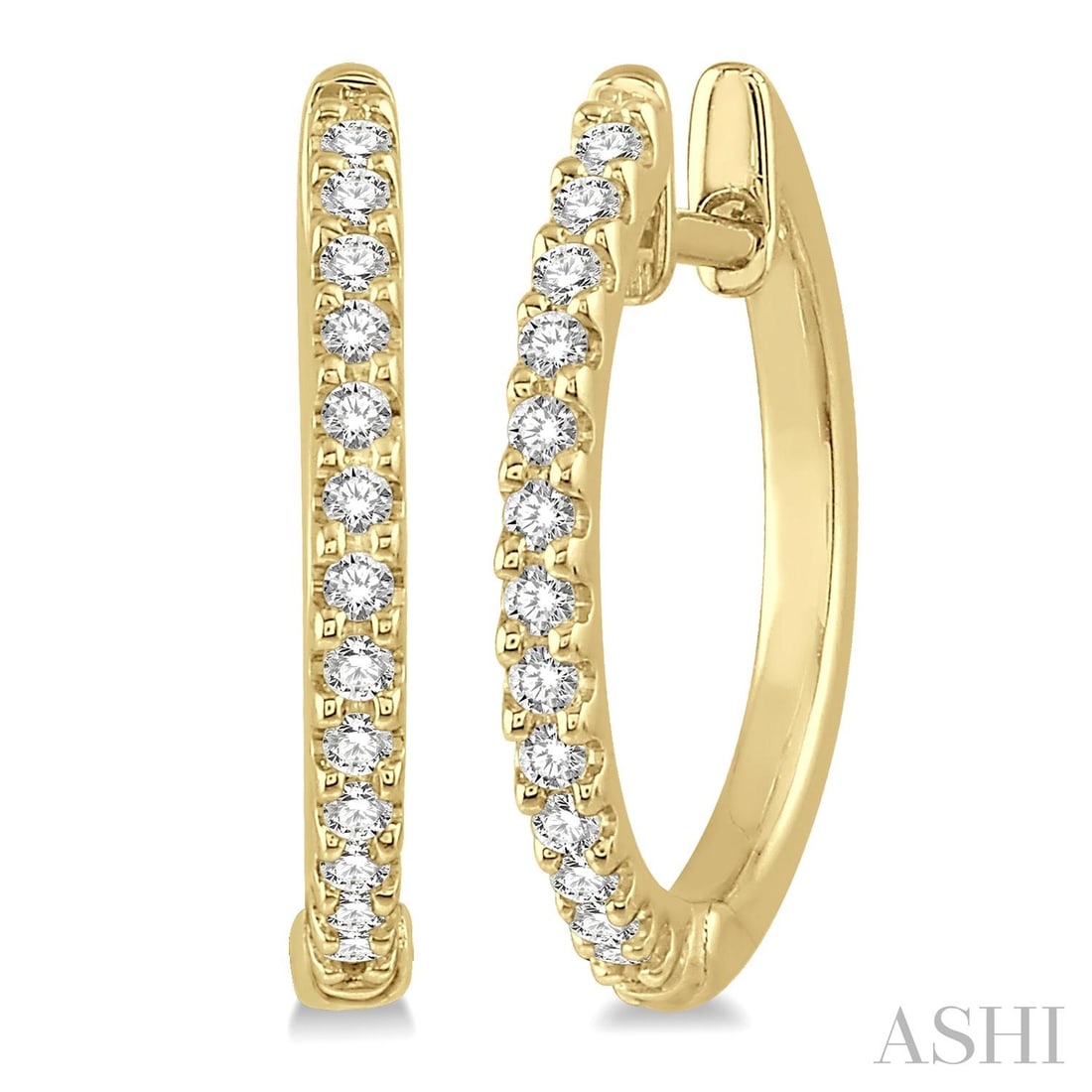0.21 ctw Diamond 10K Yellow Gold Hoop Earrings: A symphony of light and color, this elegant classic style hoop pair of earrings featuring White Diamond embodies the pinnacle of luxury. The gemstones are nestled within a Shared Prong framework, supp