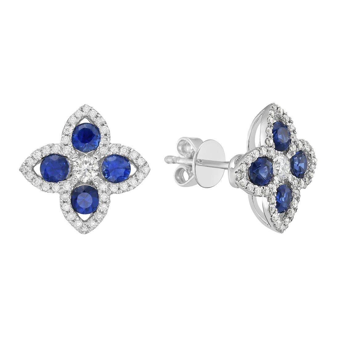 Blue Sapphire & Diamond Earrings in 14k White Gold: In a display of refined elegance, this exquisite pair of earrings features captivating Blue Sapphires and White Diamonds. The Sapphires, with a total carat weight of 0.78, are expertly cut in a Round 