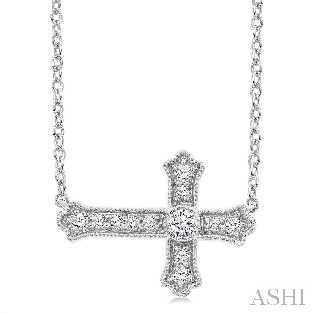 0.12 ctw Diamond Sideway Cross 10K White Gold Pendant Necklace: Timeless and sophisticated, this elegant Sideway Cross pendant necklace featuring White Diamond radiates enduring beauty. The gemstones are nestled within a Bezel and Pave set pendant with Milgrain de