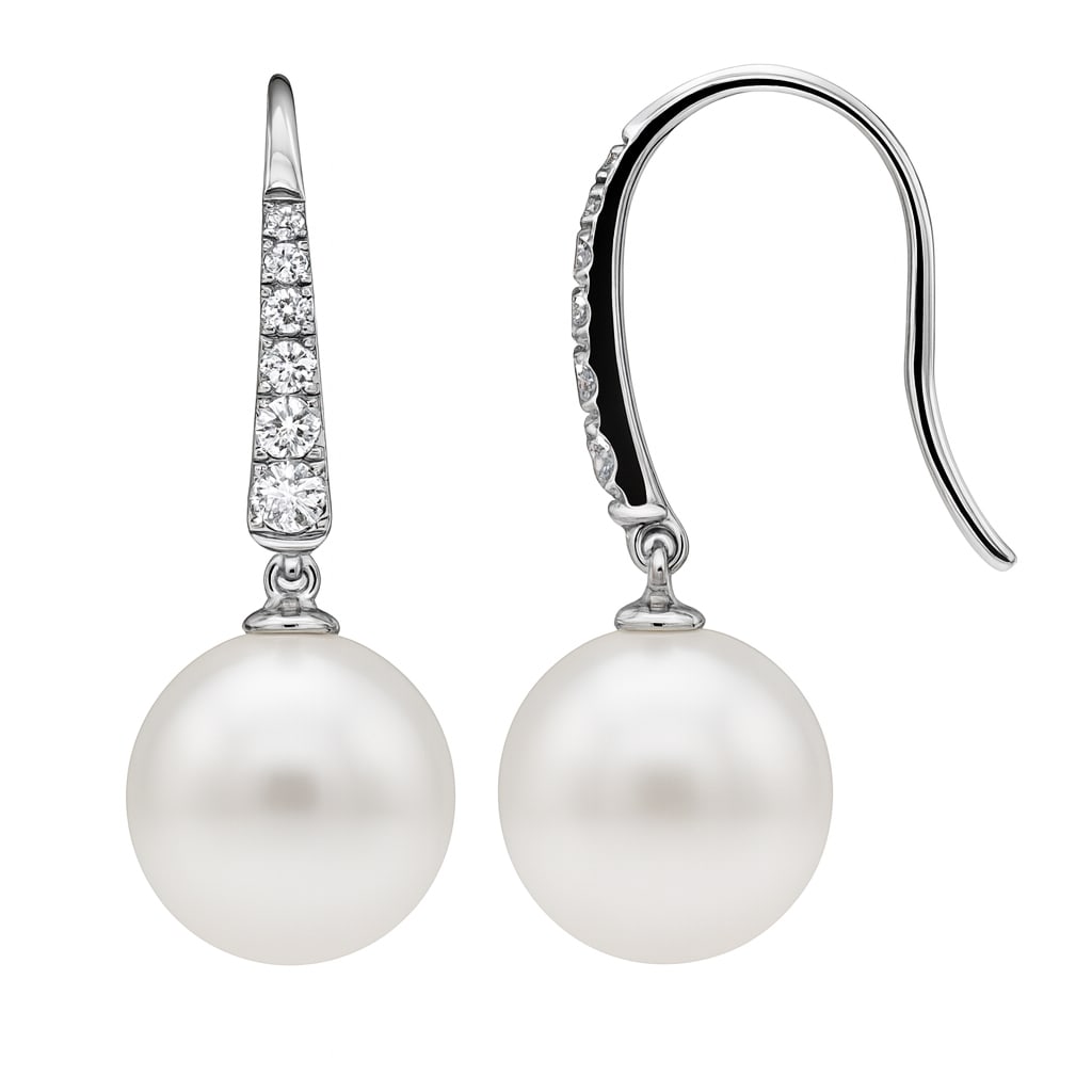 14K White Gold Earrings with South Sea Pearls and Diamonds: Elegant and refined, this exquisite pair of earrings features lustrous South Sea Pearls as the centerpiece, exuding a captivating allure. Accentuated by sparkling Diamonds, each stone is meticulously 