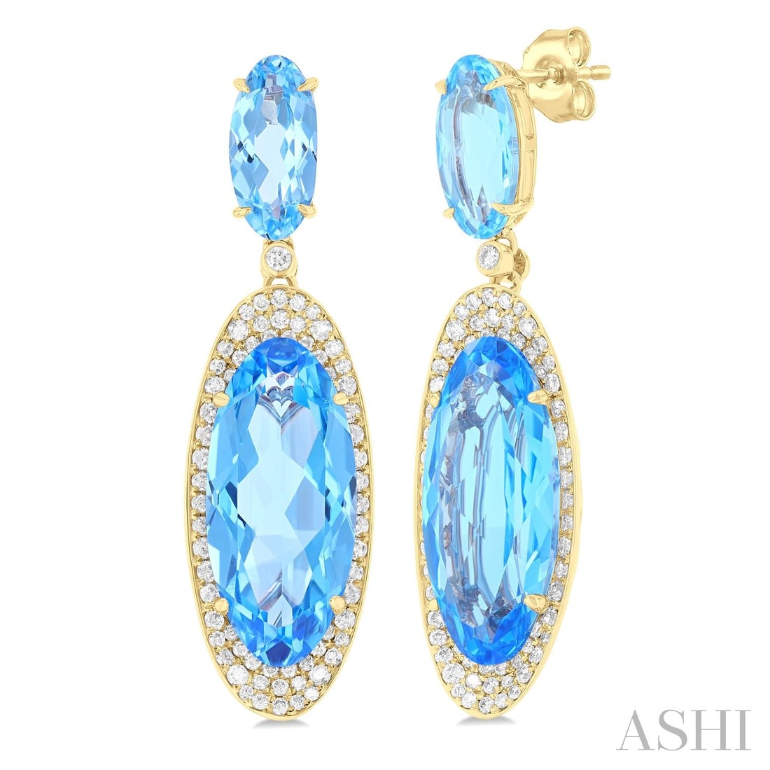 18x8 MM & 10x5 MM Blue Topaz and 0.69 ctw White Diamond 14K Yellow Gold Earrings: Exuding opulence and grace, this breathtaking Halo pair of earrings featuring Blue Topaz, White Diamond is crafted for the distinguished. Showcasing the gems in a Halo arrangement, the earrings consis