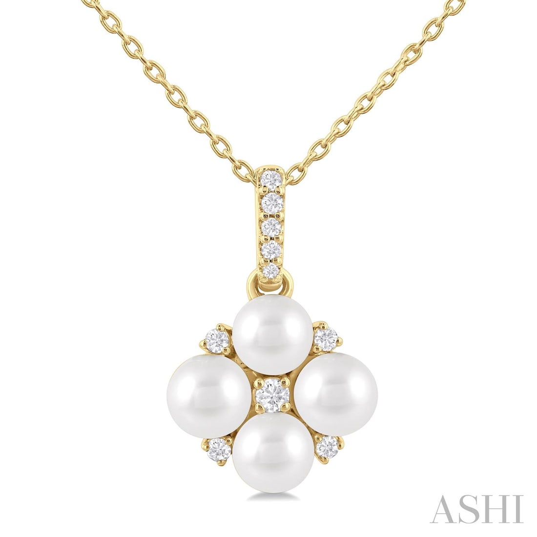 4mm Cultured Pearl and 0.08 ctw Diamond 10K Yellow Gold Pendant: An exquisite masterpiece of haute joaillerie, this elegant Floral Round Shape pendant featuring Cultured Pearl, White Diamond is a true treasure. A detailed Cluster gallery secures the stones, rendere
