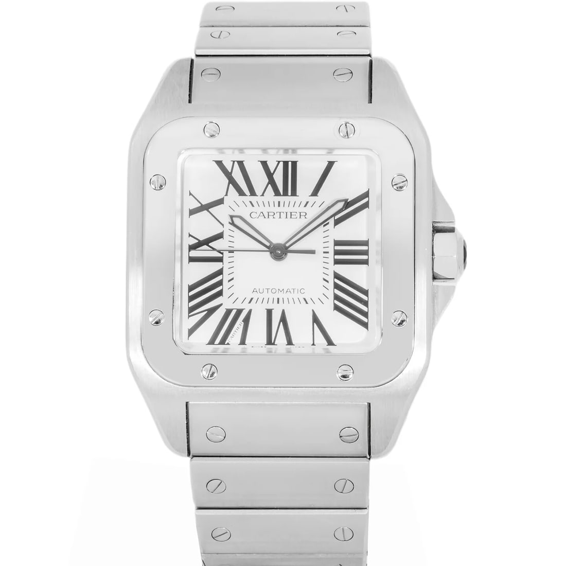 Cartier Santos 100 XL 2656 Stainless Steel Silver Dial: The Cartier Santos 100 XL, Reference 2656, represents an iconic chapter in horological design. Featuring a bold square profile with a smooth bezel, this timepiece showcases a classic Silver Roman Nume