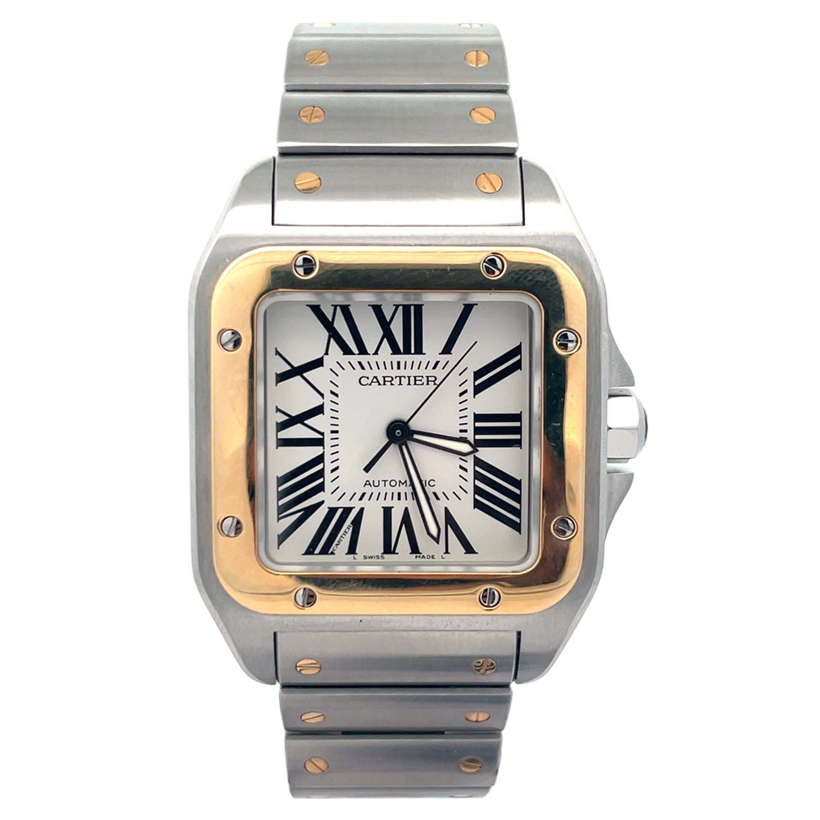Cartier Santos 100 XL 2656 Steel and Yellow Gold White Dial: The Cartier Santos 100 XL, Reference 2656, represents a powerful evolution of one of the most celebrated silhouettes in horological history. Designed with a commanding square profile, this timepiece f