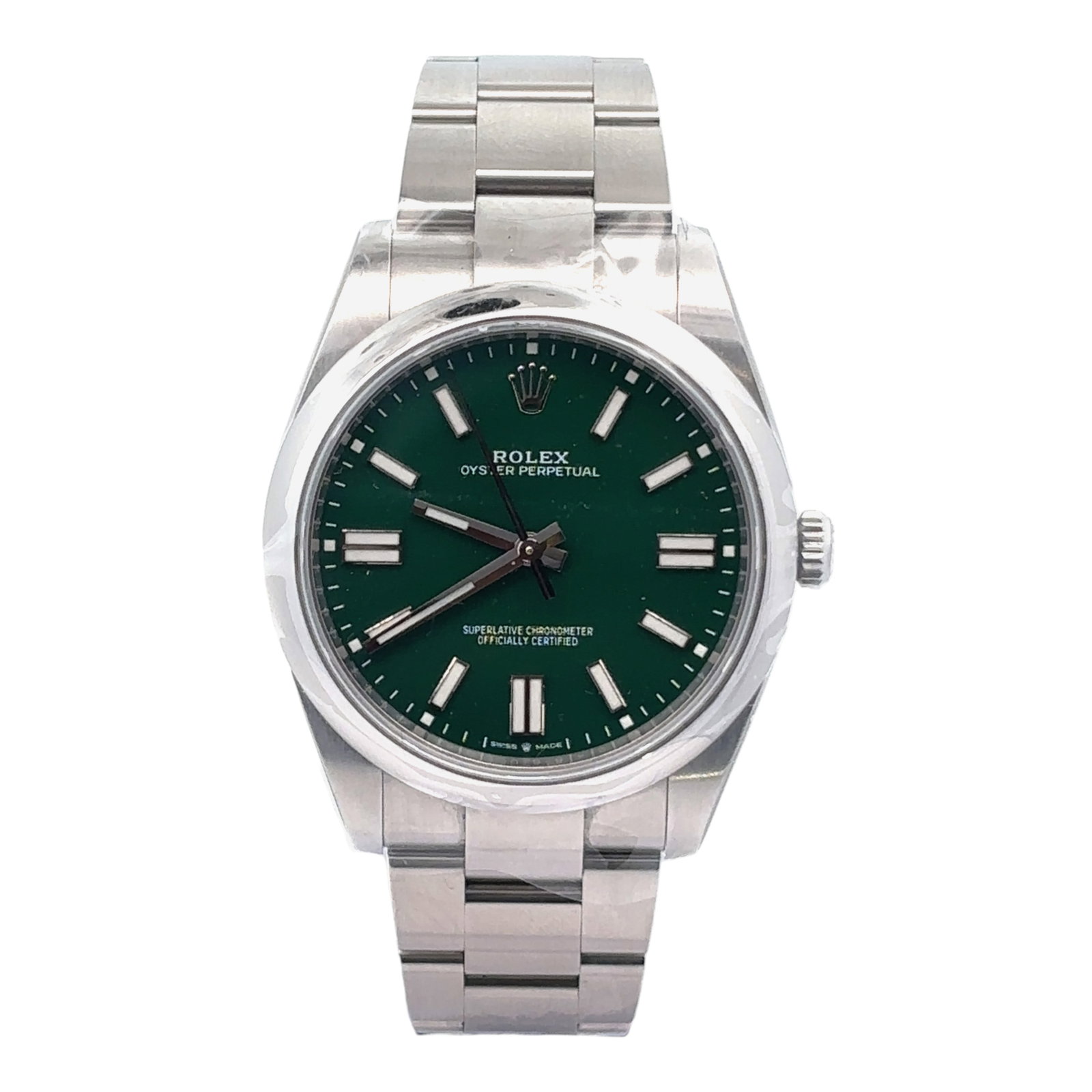 Rolex Oyster Perpetual 124300 Steel Green Dial: The Rolex Oyster Perpetual, Reference 124300, embodies timeless horological purity and sophisticated design. Showcasing a striking Green dial accented by classic hour markers and framed by a polished 