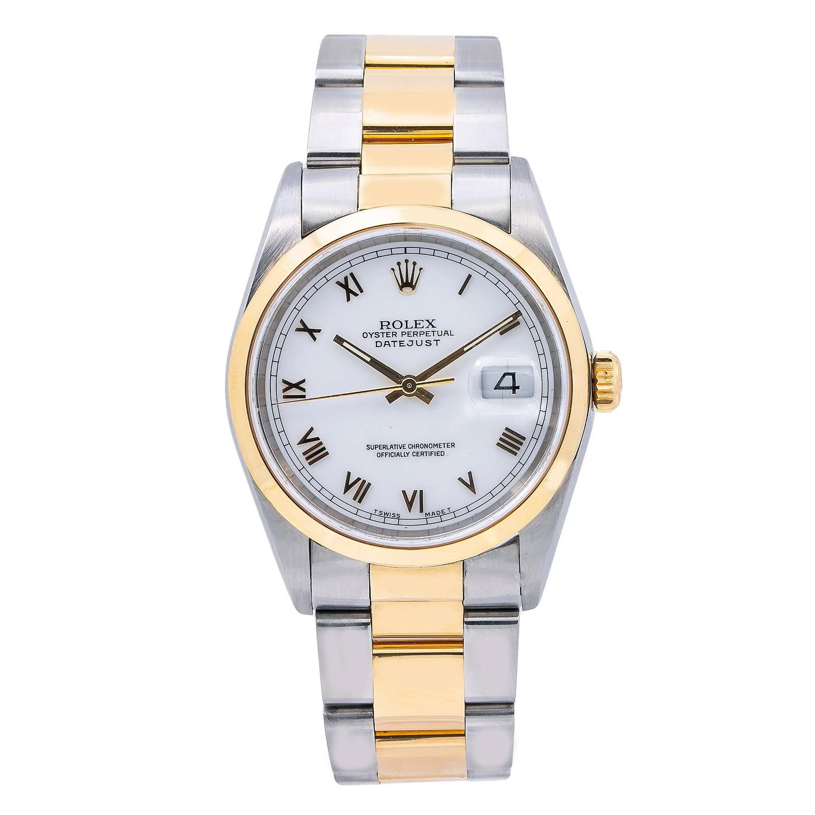 Rolex Datejust 16233 Steel & Yellow Gold White Roman Dial: The Rolex Datejust, Reference 16233, is an enduring icon of horological refinement and classic design. Presented in a handsome two-tone combination of stainless steel and yellow gold, this model showc