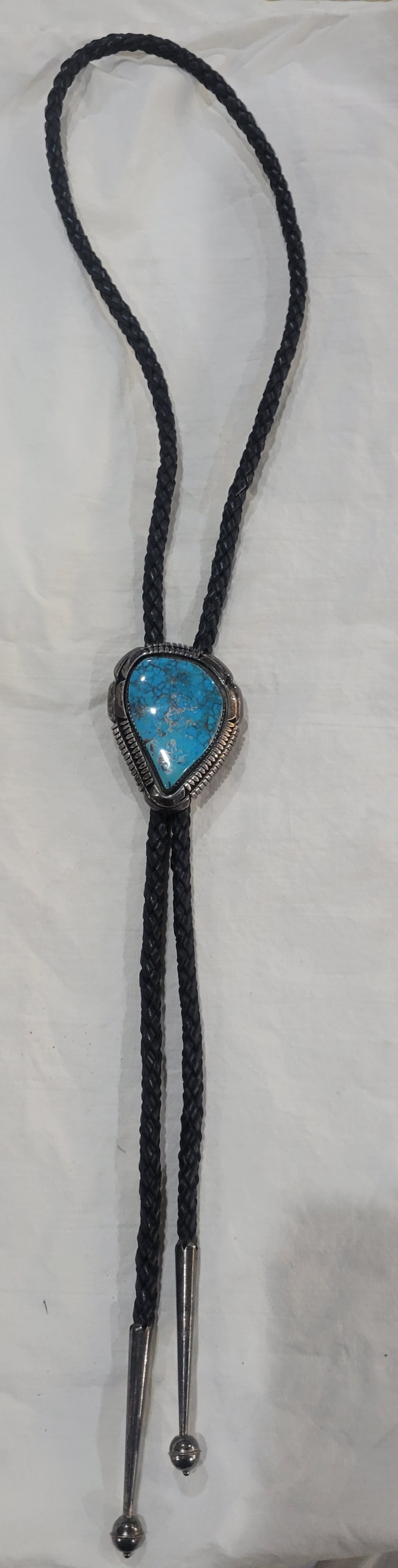 JD Signed Vintage Sterling Silver and Turquoise Bolo Tie: Sterling Silver and Turquoise