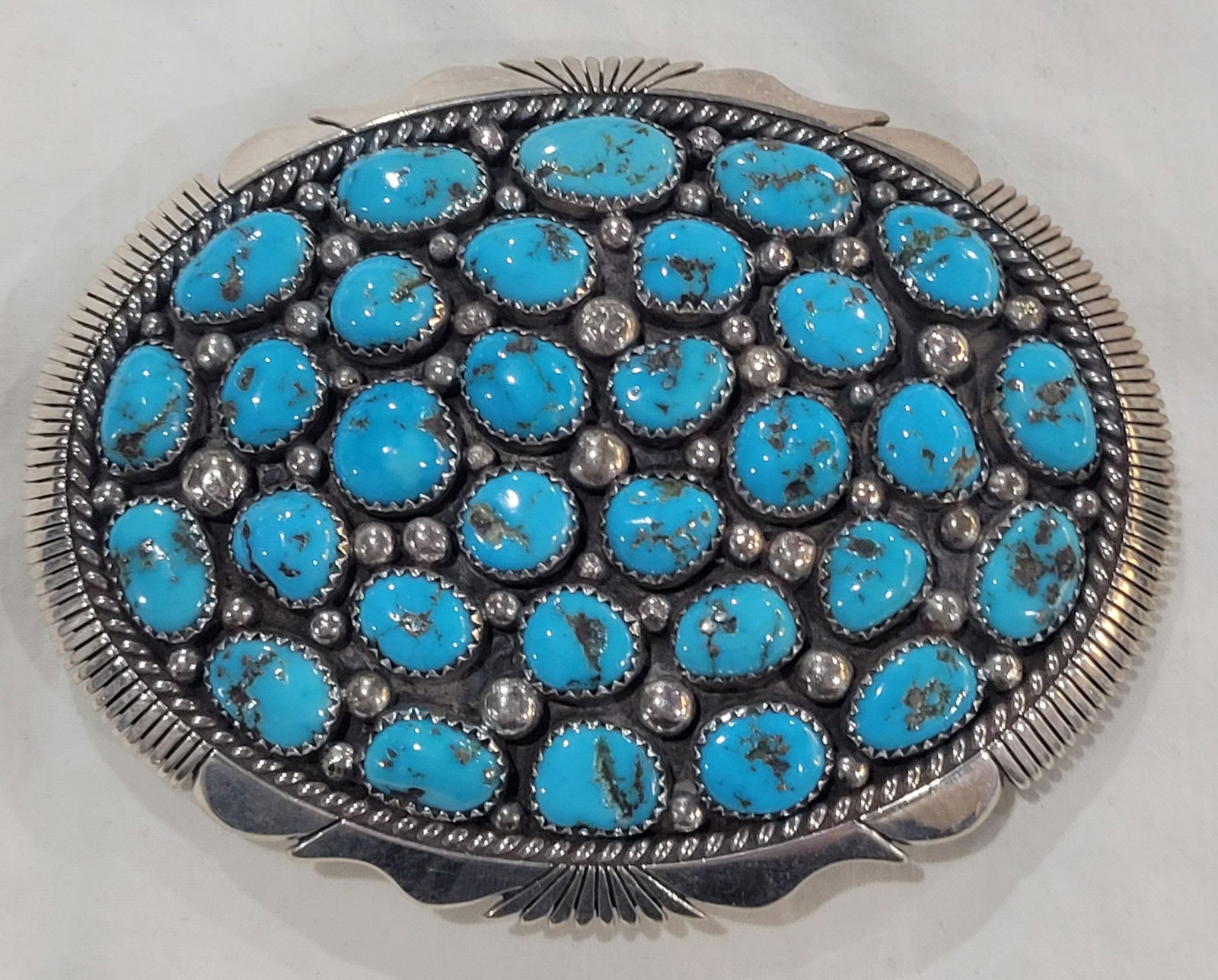 Navajo Sterling Silver Turquoise Cluster Belt Buckle: Navajo Sterling Silver Turquoise Cluster Belt Buckle
