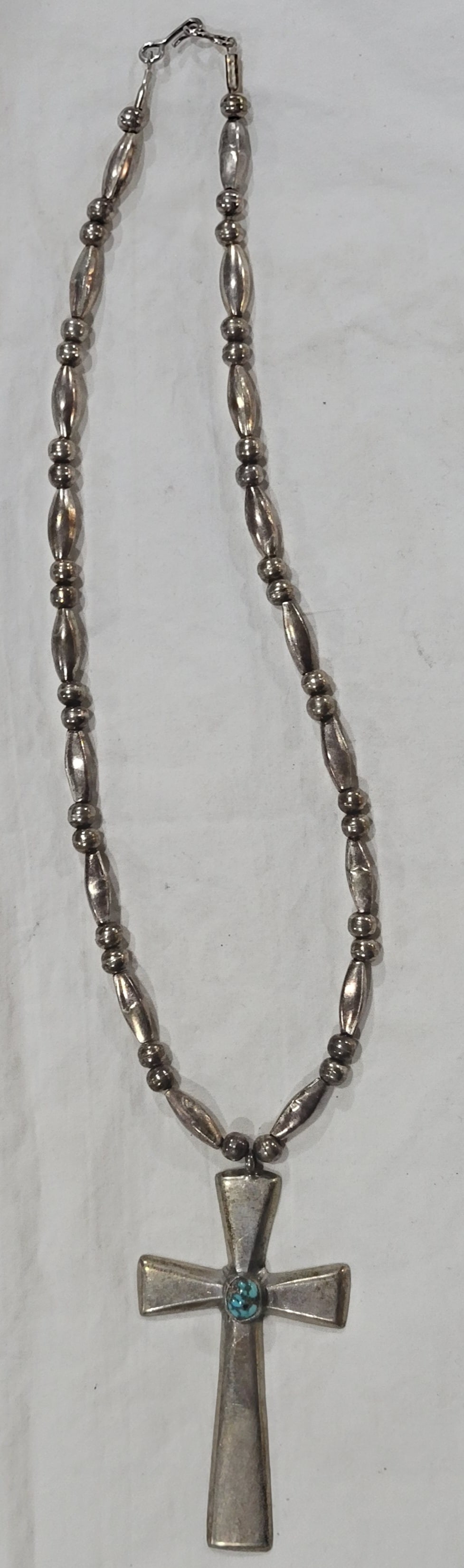Vintage Navajo Sterling Silver and Kingman Turquoise cross pendant necklace: Sand cast cross 2.5 inches with 16" Navajo Pear Necklace