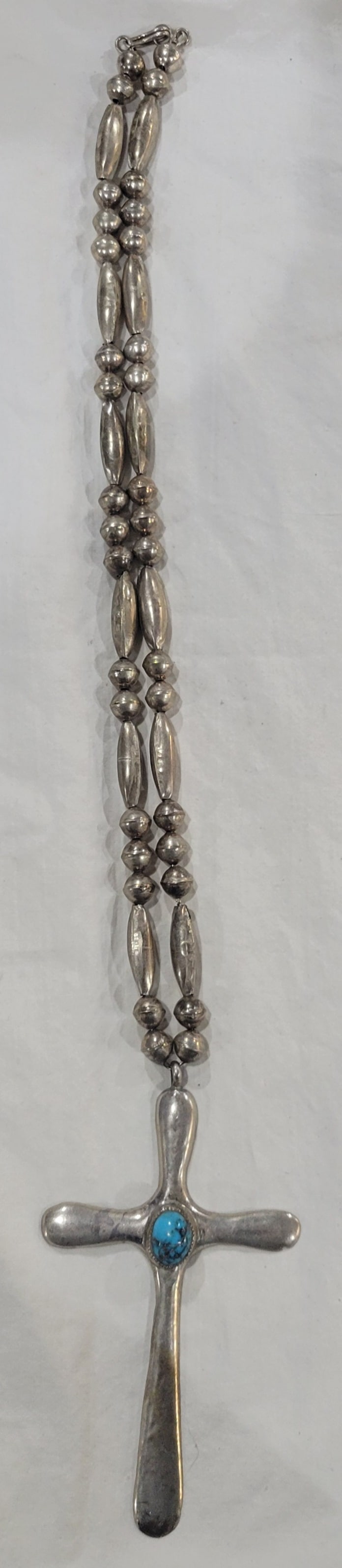 Vintage Navajo Native American sterling silver turquoise cross pendant and necklace: Vintage Navajo Native American hand-tooled sterling silver turquoise cross pendant and navajo pearl necklace - 3.5 inch cross 20" inch pearl navajo