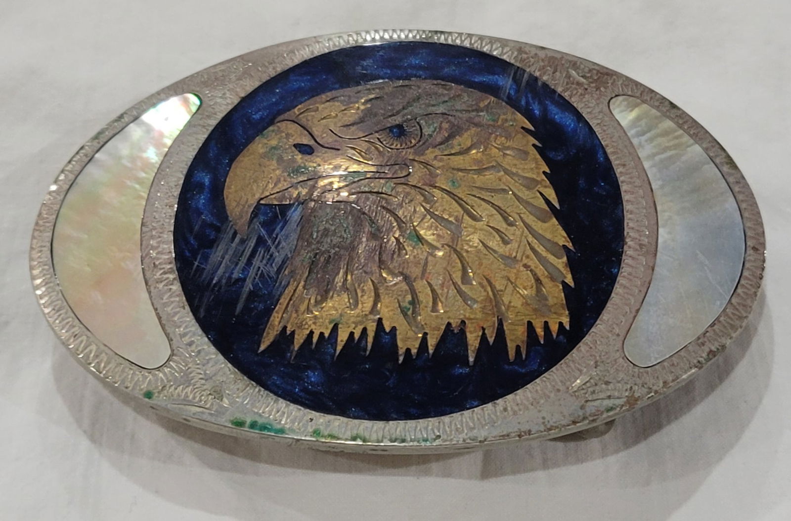 Vintage Johnson Held eagle head abolne inlay western belt buckle: Stamped Johnson & Held - Denver, Colorado